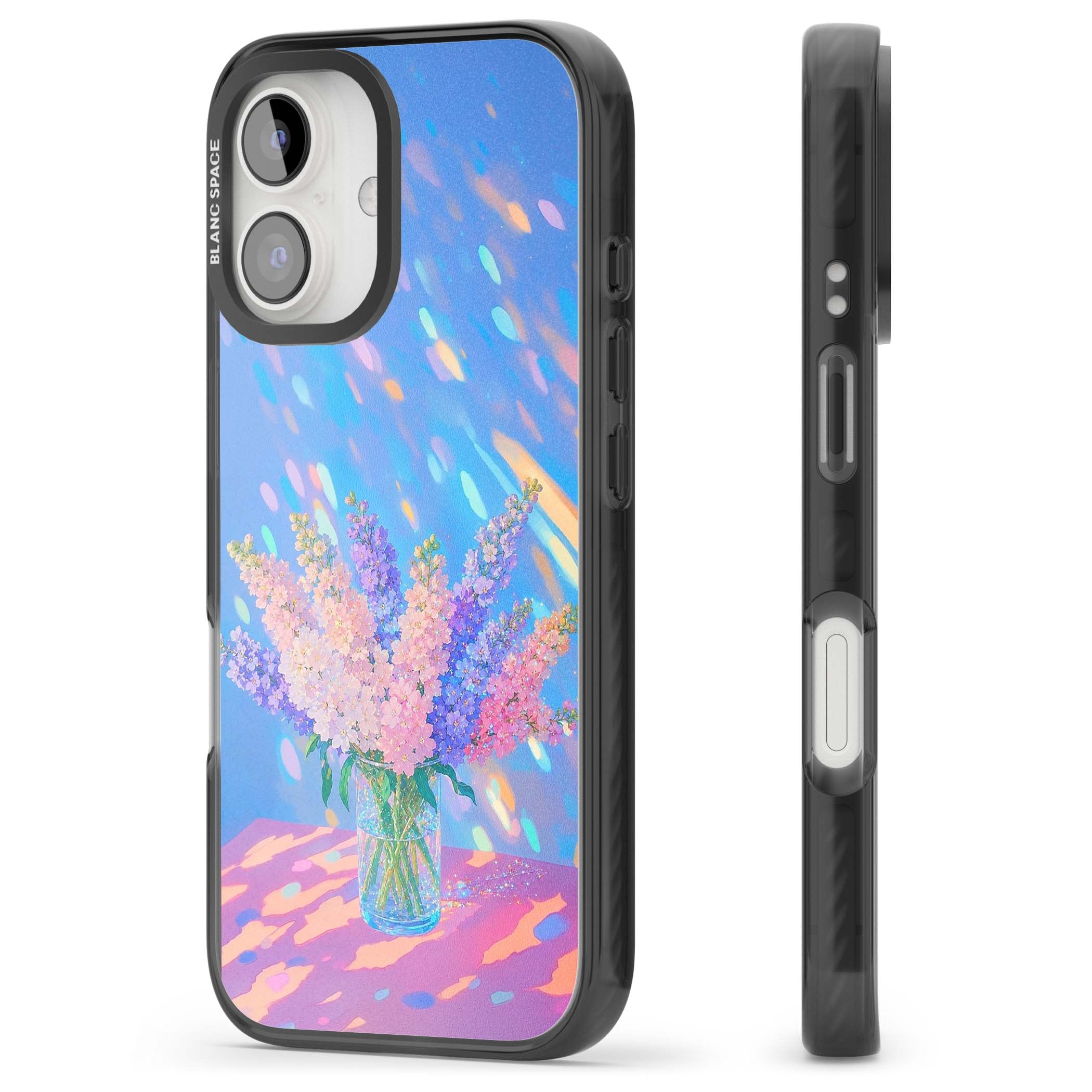 Bubblegum Flowers floral iPhone case featuring pastel lilac and pink bouquet in a glass vase with iridescent light | Black Impact case for iPhone 16, iPhone 16 Plus
