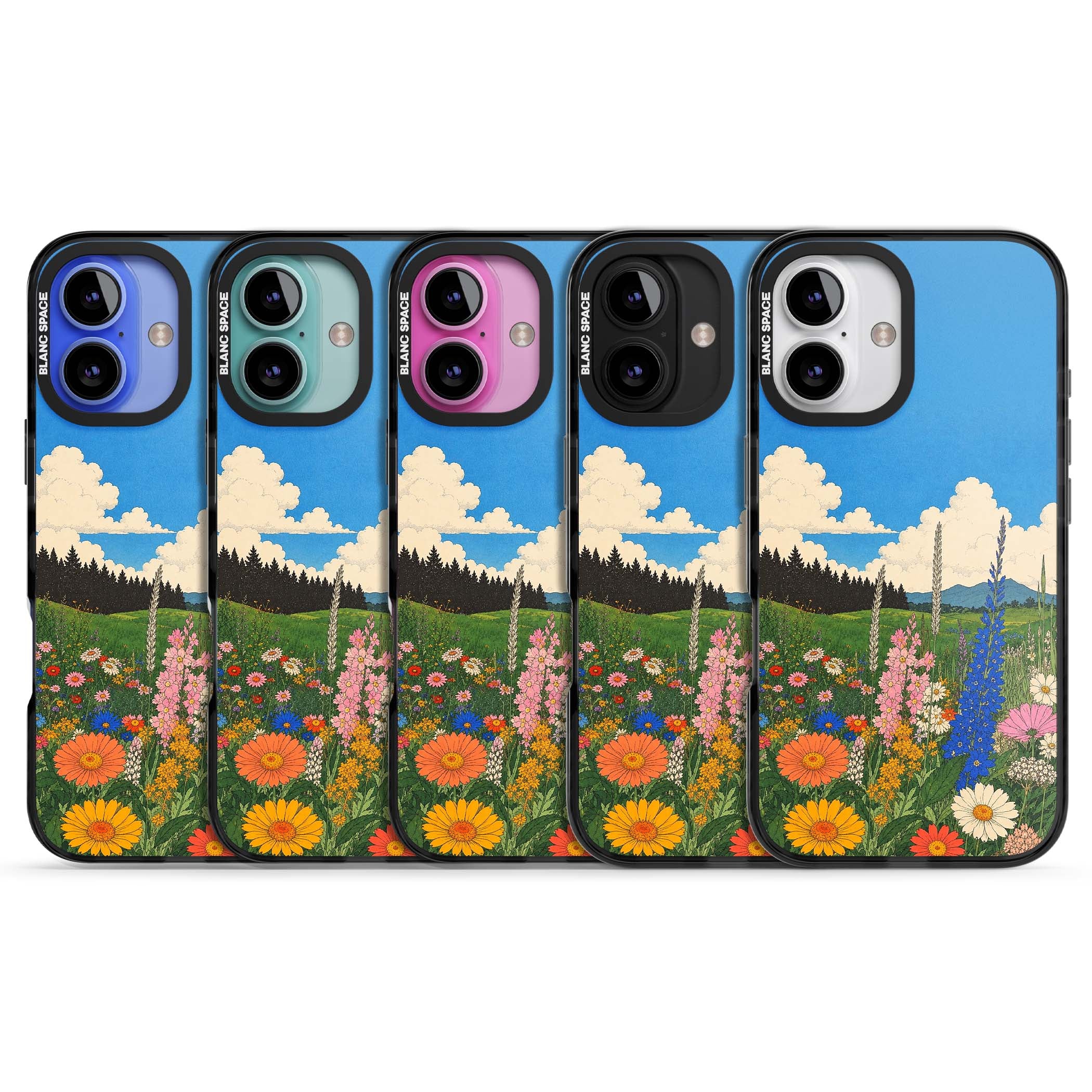 Wildbloom wildflower iPhone case featuring a vintage Japanese-style meadow landscape with daisies, delphiniums and moun | Black Impact case for iPhone 16, iPhone 16 Plus