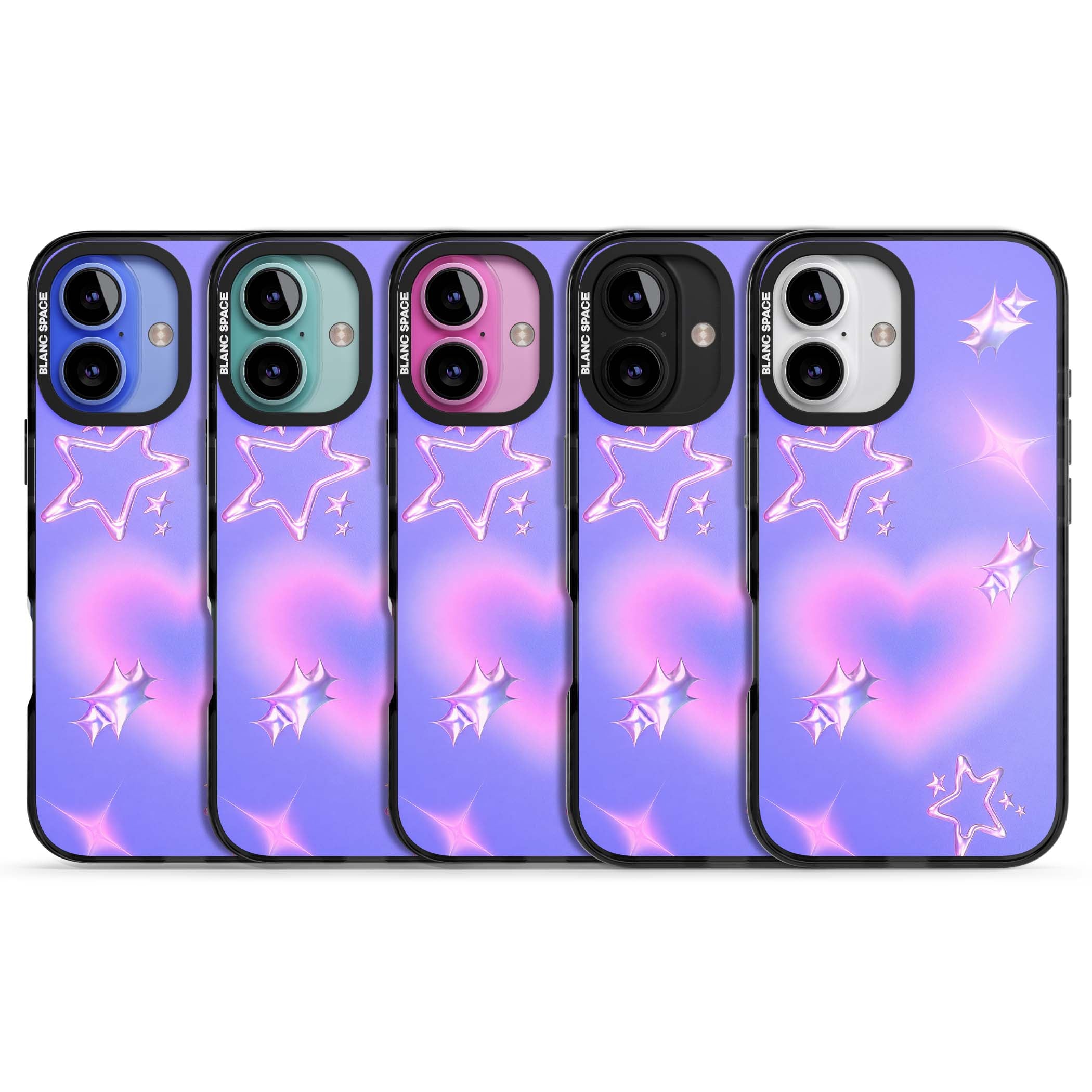 Soft Sugar Y2K iPhone case featuring iridescent chrome hearts, metallic pink stars and a lavender gradient sky | Black Impact case for iPhone 16, iPhone 16 Plus