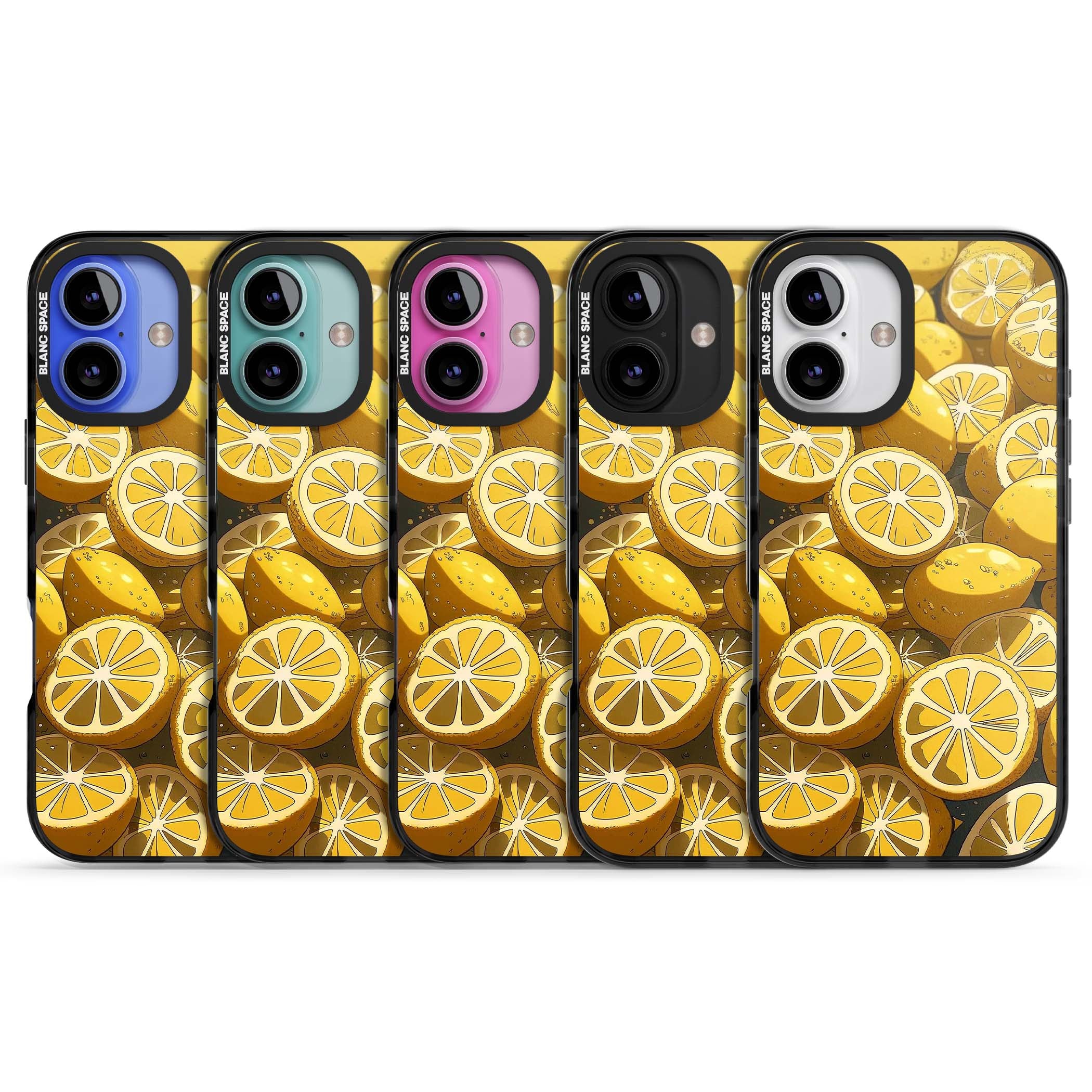 Zesty coastal iPhone case featuring illustrated Mediterranean lemons and citrus slices in golden yellow | Black Impact case for iPhone 16, iPhone 16 Plus