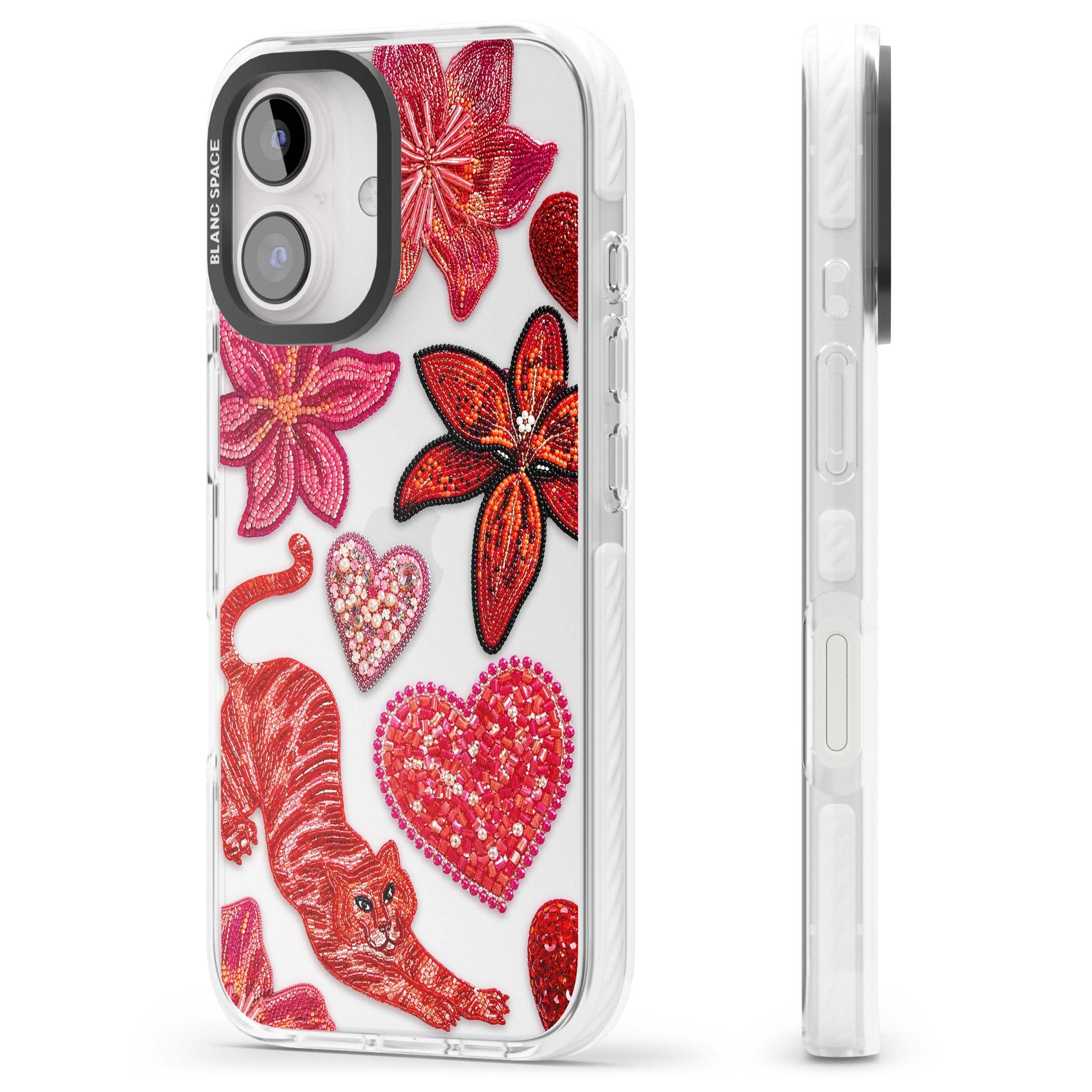 Beaded Boho floral iPhone case featuring beaded red lilies, a stitched tiger, and pearl-encrusted hearts on clear | Clear Impact case for iPhone 16, iPhone 16 Plus