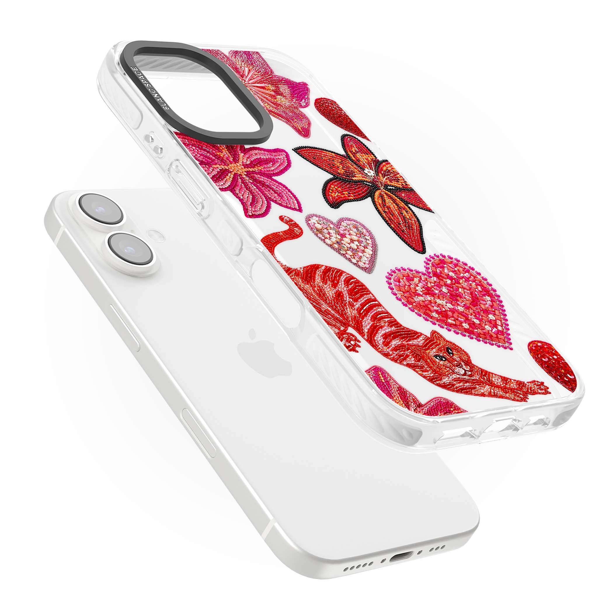 Beaded Boho floral iPhone case featuring beaded red lilies, a stitched tiger, and pearl-encrusted hearts on clear | Clear Impact case for iPhone 16, iPhone 16 Plus