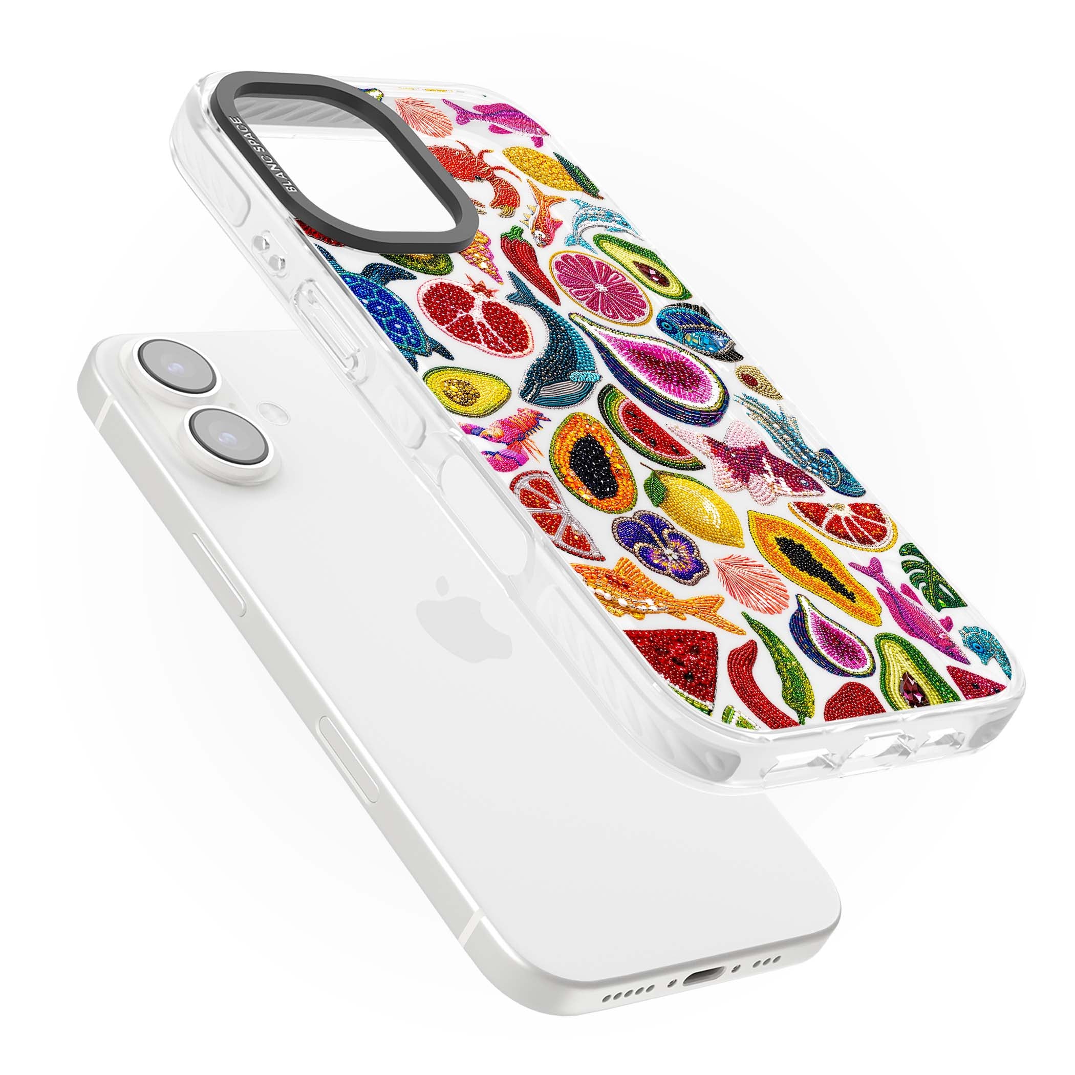 Beaded Tropic tropical iPhone case featuring beaded fruit, fish, crabs and seashells in vibrant colour | Clear Impact case for iPhone 16, iPhone 16 Plus
