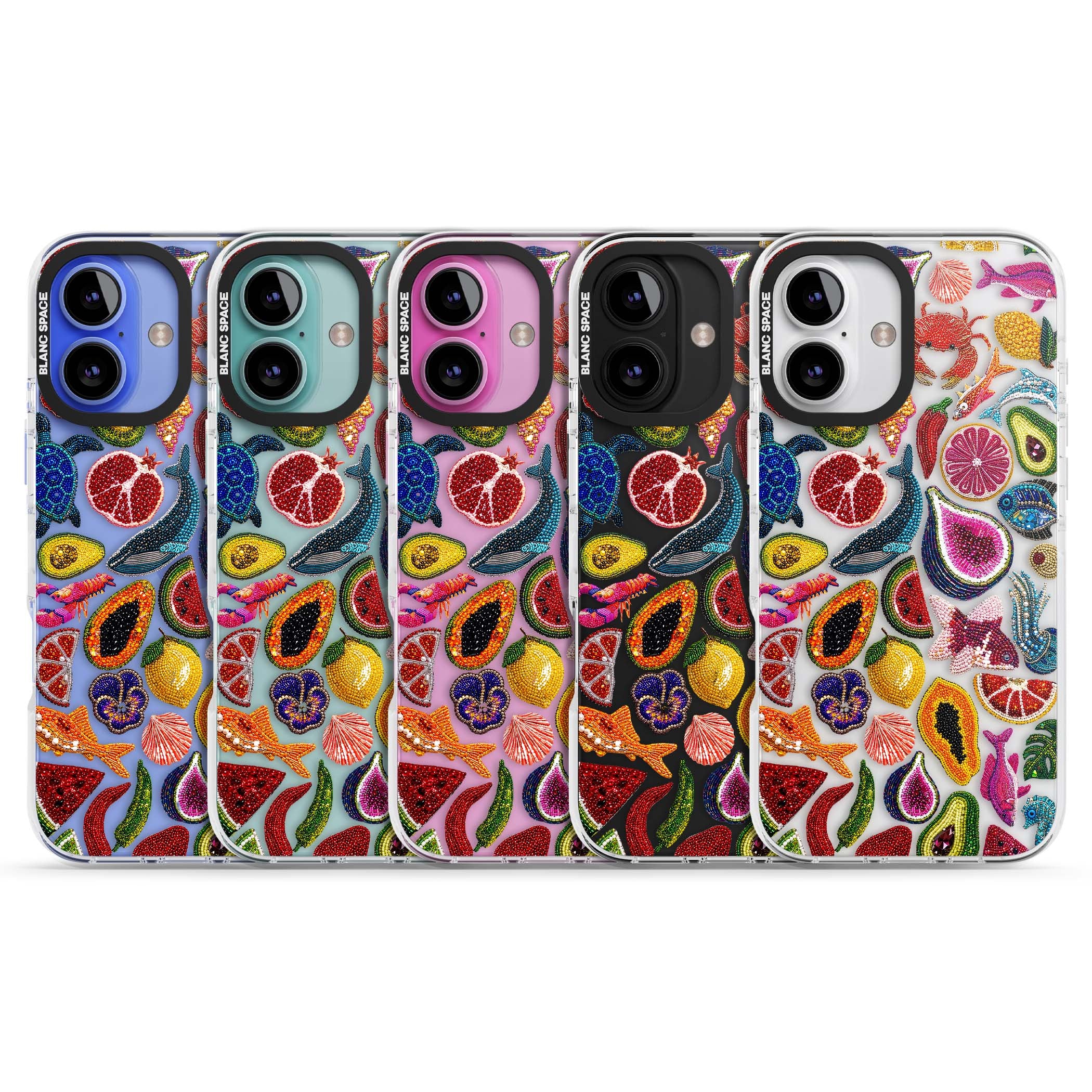 Beaded Tropic tropical iPhone case featuring beaded fruit, fish, crabs and seashells in vibrant colour | Clear Impact case for iPhone 16, iPhone 16 Plus