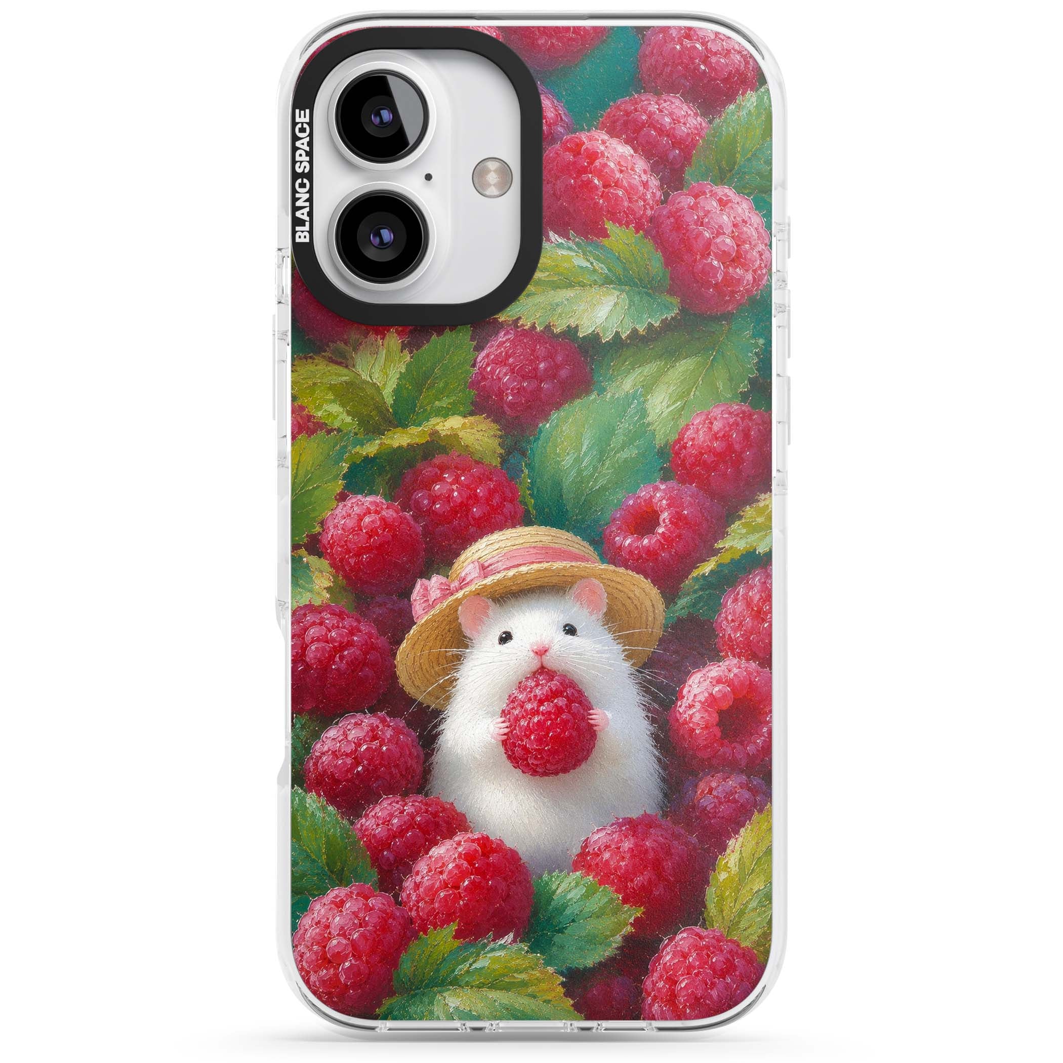 Berry Forager cottagecore iPhone case featuring a white hamster in a straw hat holding a raspberry surrounded by ripe ber | Clear Impact case for iPhone 16, iPhone 16 Plus