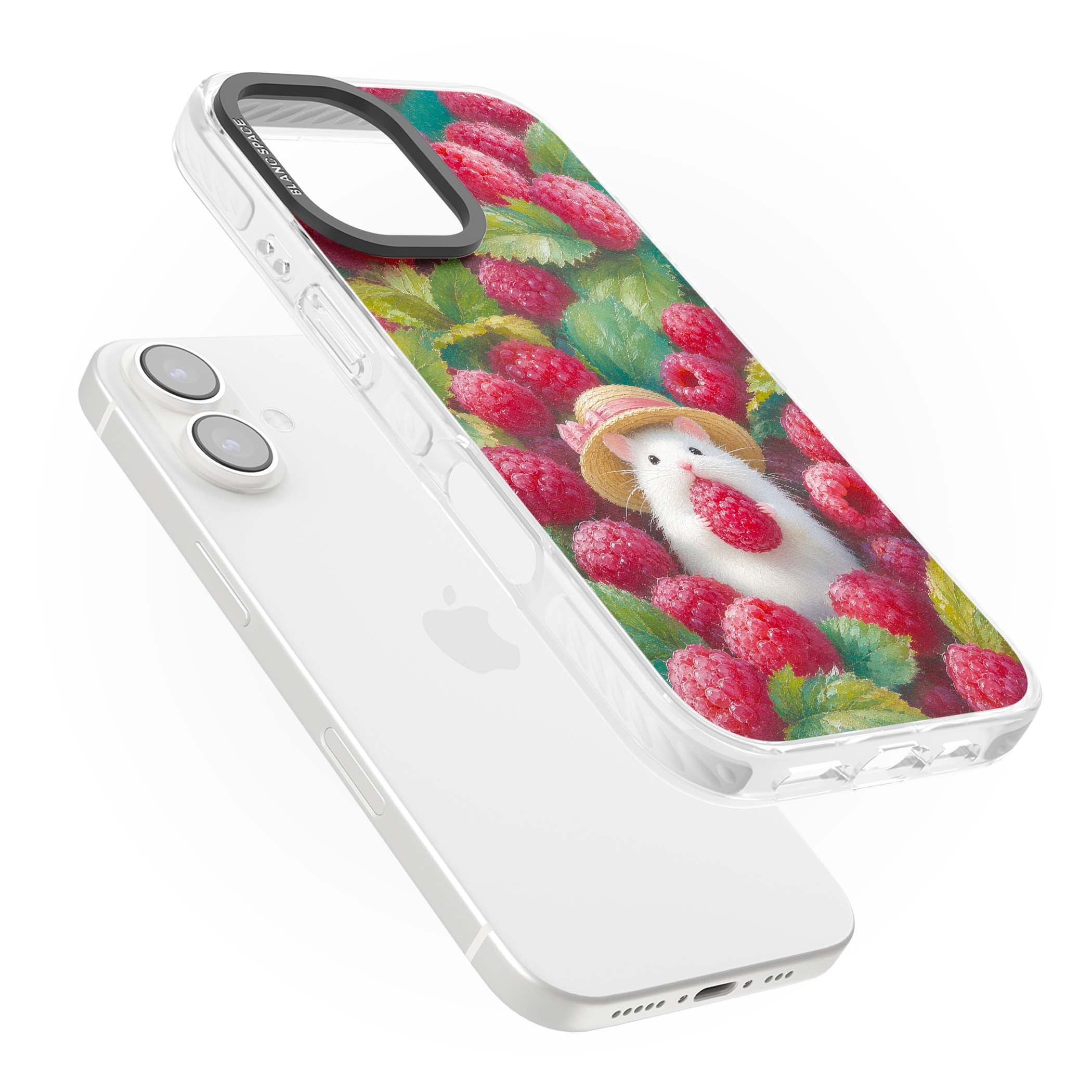 Berry Forager cottagecore iPhone case featuring a white hamster in a straw hat holding a raspberry surrounded by ripe ber | Clear Impact case for iPhone 16, iPhone 16 Plus