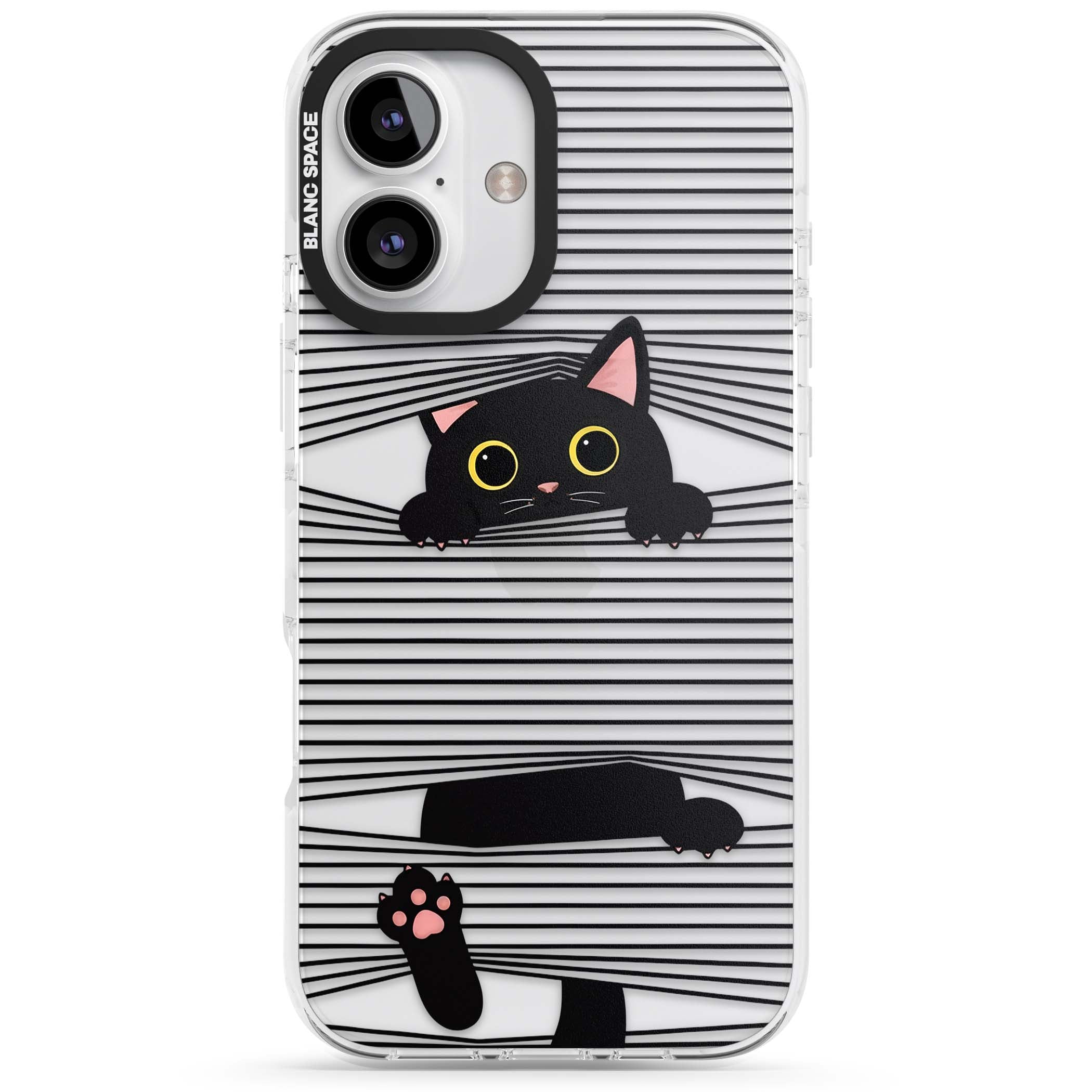 Peek-a-Boo Cat minimal iPhone case featuring black cat peeking through horizontal black and white stripes | Clear Impact case for iPhone 16, iPhone 16 Plus