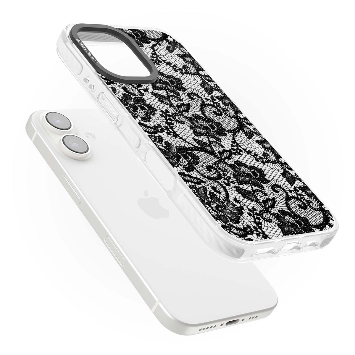 Black Lace gothic iPhone case featuring intricate black floral lace pattern with vintage whimsigoth detail | Clear Impact case for iPhone 16, iPhone 16 Plus