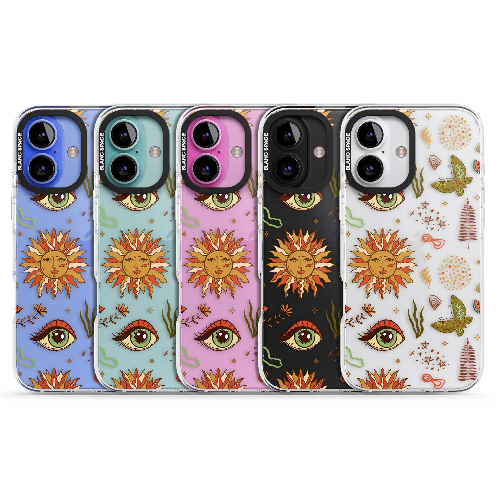 Elevate Your Phone'S Style With This Boho Celestial Sun & Eye Phone Case, Featuring A Mystical Blend Of Suns, All-Seeing Eyes, Butterflies, Stars, And