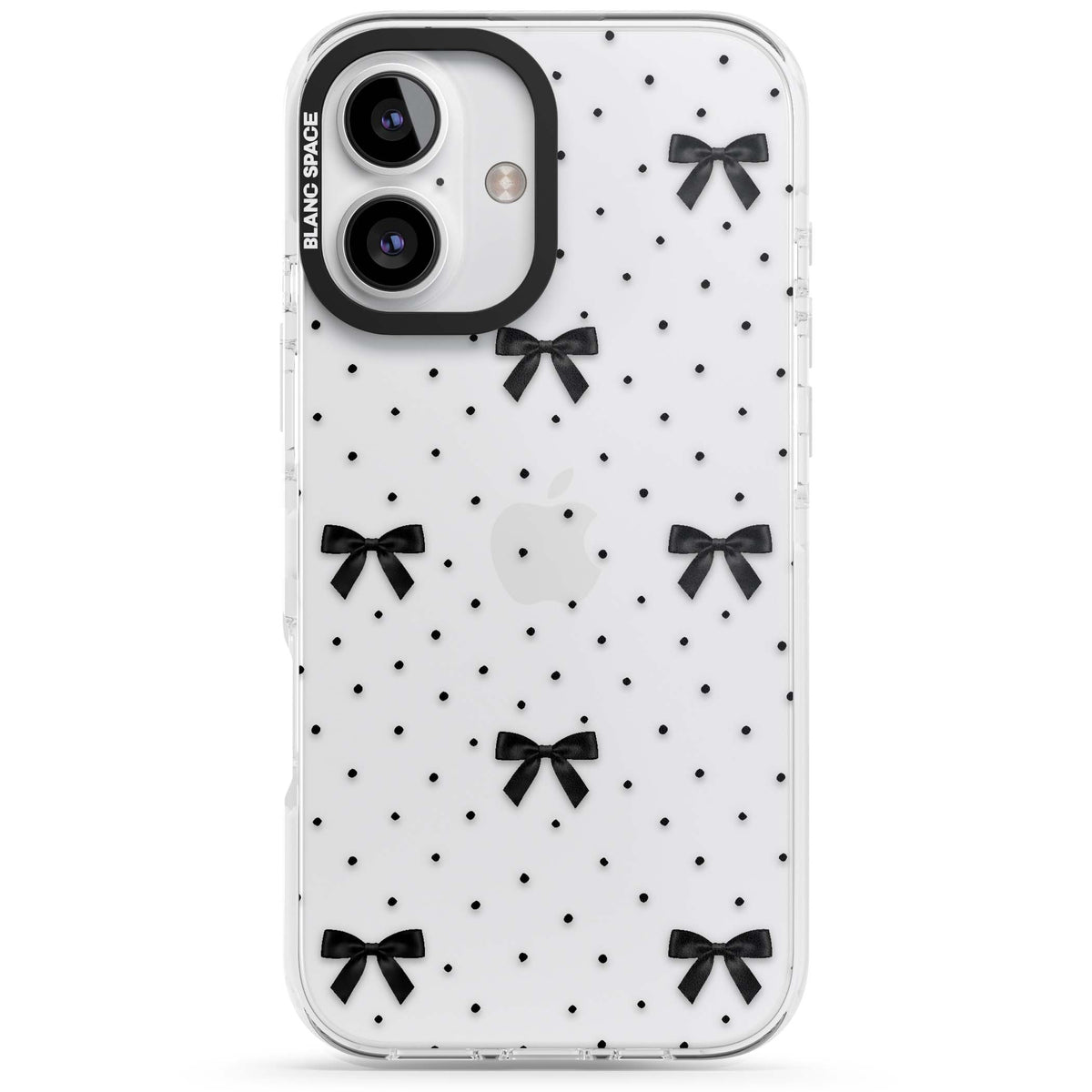 Black Polka Bows coquette iPhone case featuring scattered black satin bows and tiny polka dots on a clear base | Clear Impact case for iPhone 16, iPhone 16 Plus