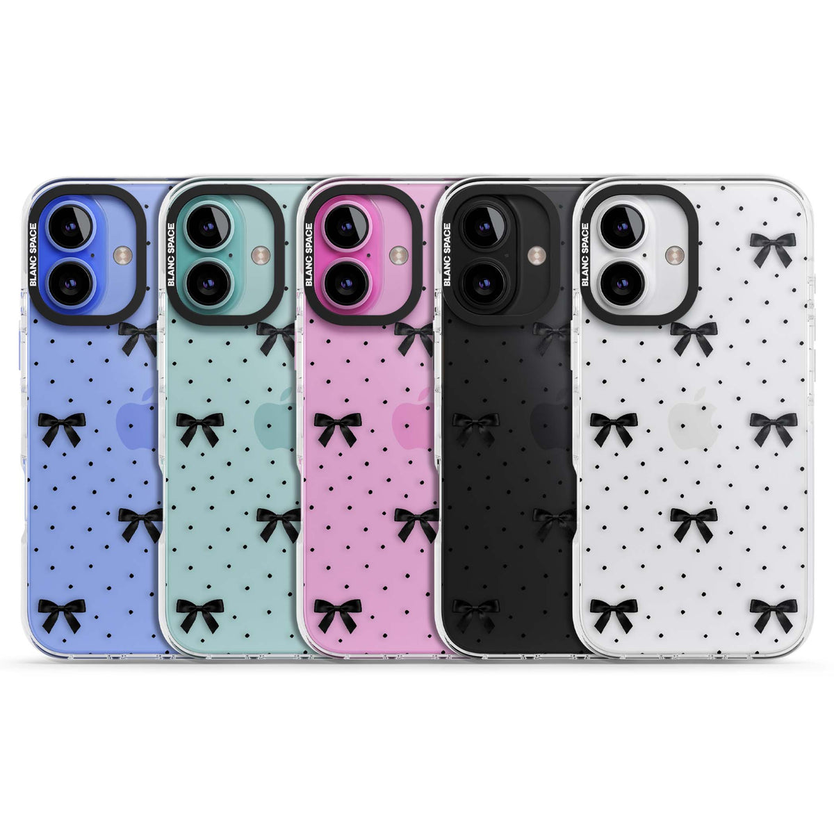 Black Polka Bows coquette iPhone case featuring scattered black satin bows and tiny polka dots on a clear base | Clear Impact case for iPhone 16, iPhone 16 Plus