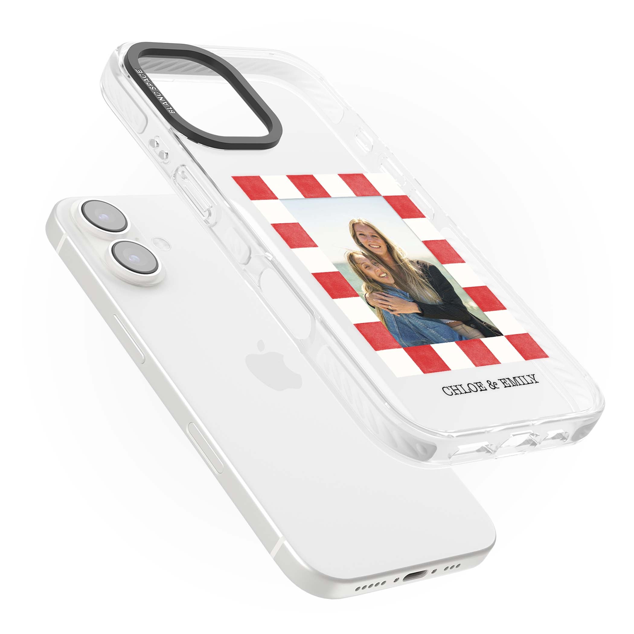 Red Check Photo personalised photo iPhone case with red and white checkered polaroid frame and custom couple name | Clear Impact case for iPhone 16, iPhone 16 Plus