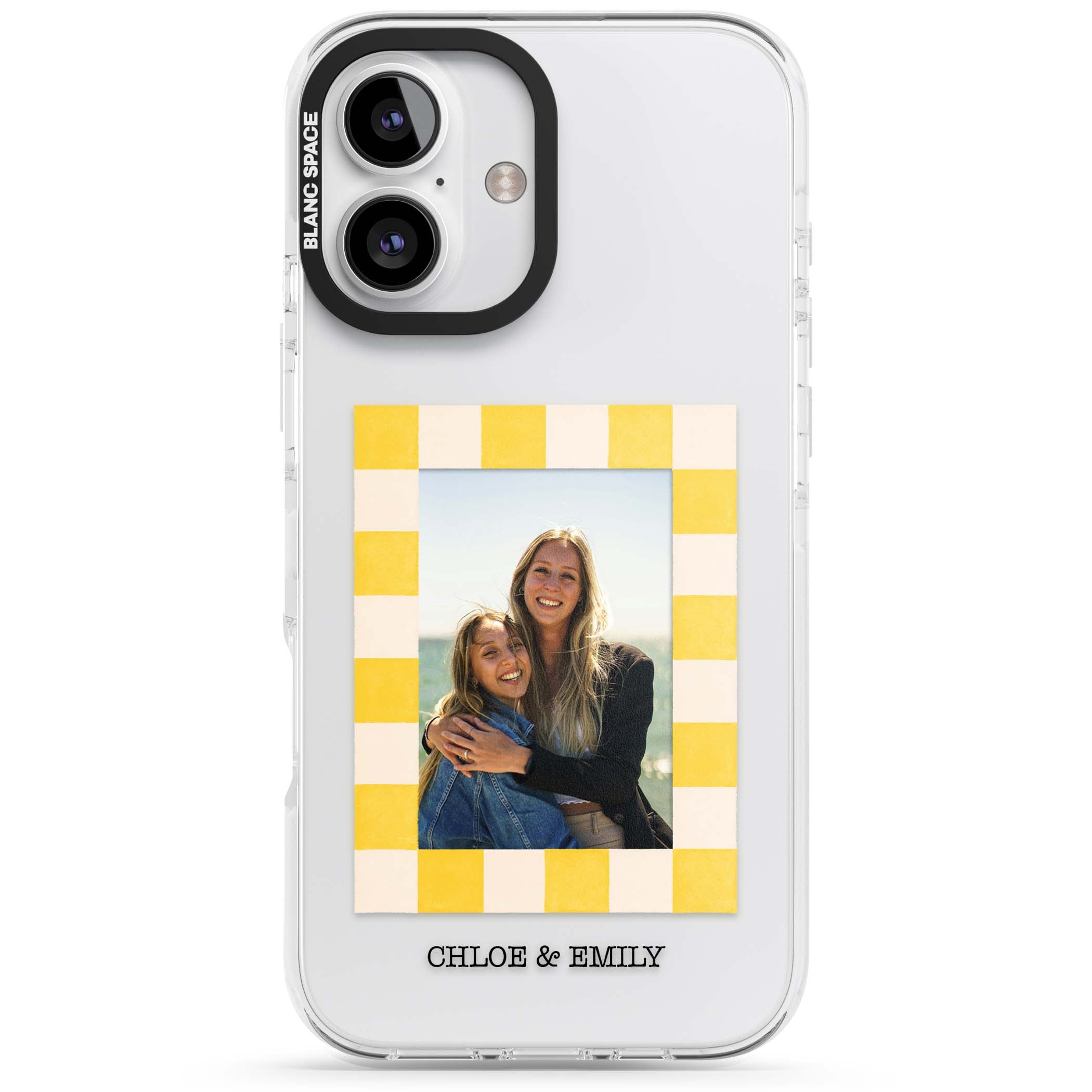 Yellow Check Photo personalised iPhone case with yellow checkered Polaroid frame and custom names beneath | Clear Impact case for iPhone 16, iPhone 16 Plus