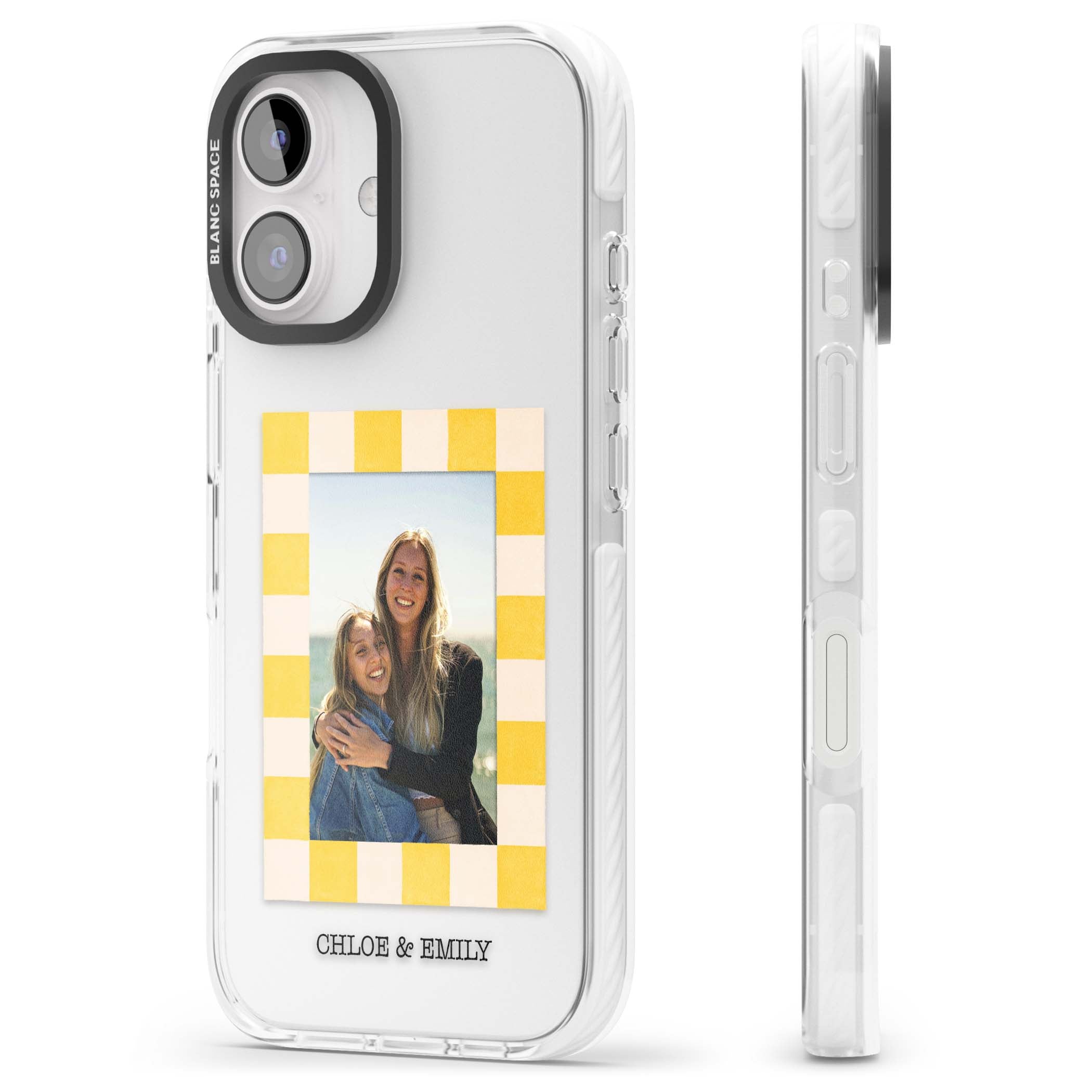 Yellow Check Photo personalised iPhone case with yellow checkered Polaroid frame and custom names beneath | Clear Impact case for iPhone 16, iPhone 16 Plus