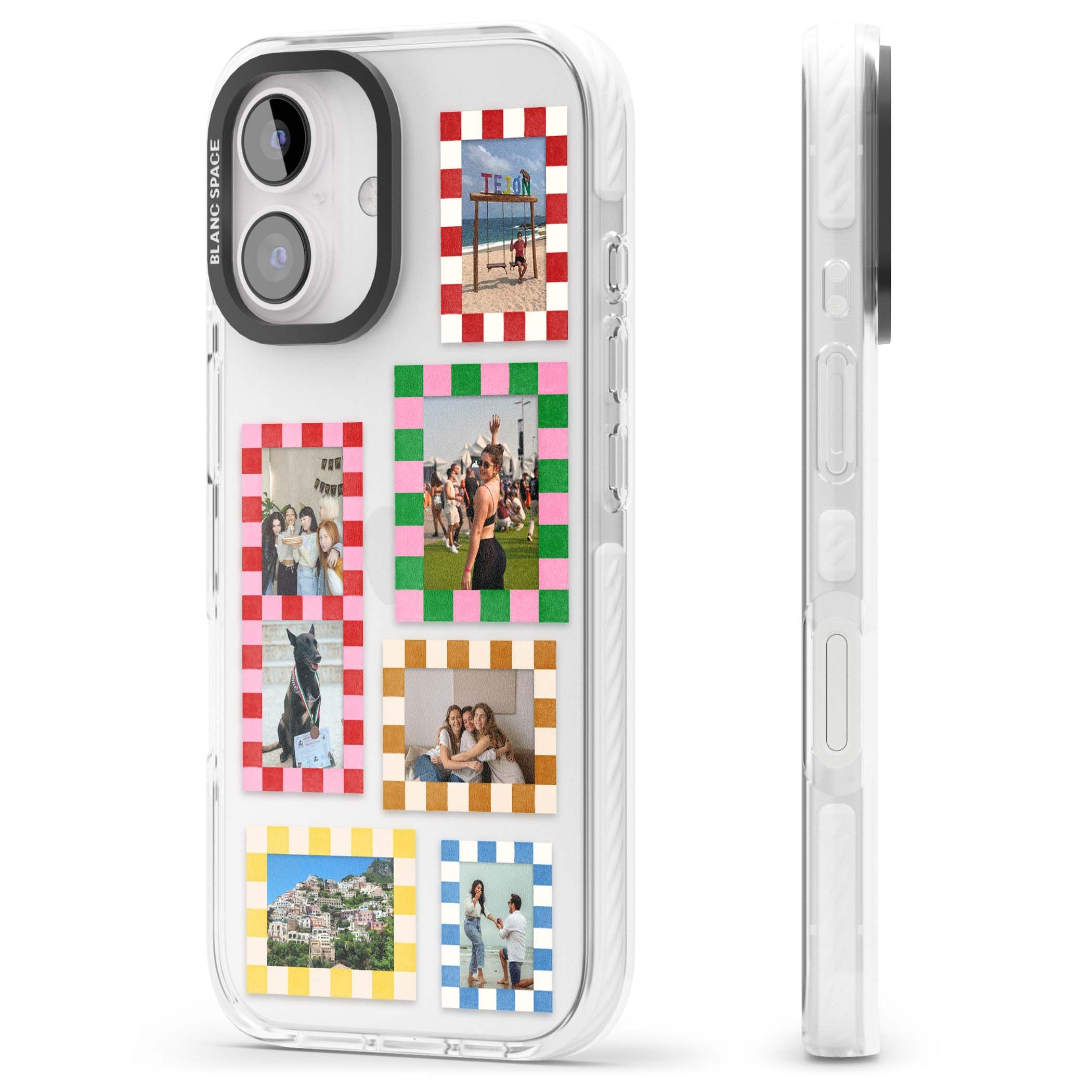 Italian Check Frames custom photo collage iPhone case featuring six checkered photo frames in red, green, pink and  | Clear Impact case for iPhone 16, iPhone 16 Plus