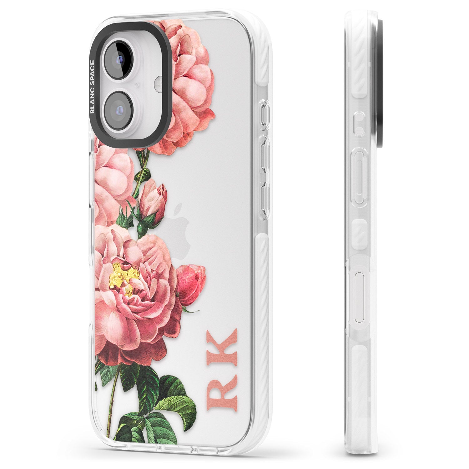 iPhone 16 Pro Max Personalised Clear Vintage Floral Pink Peonies Black Impact Phone Case