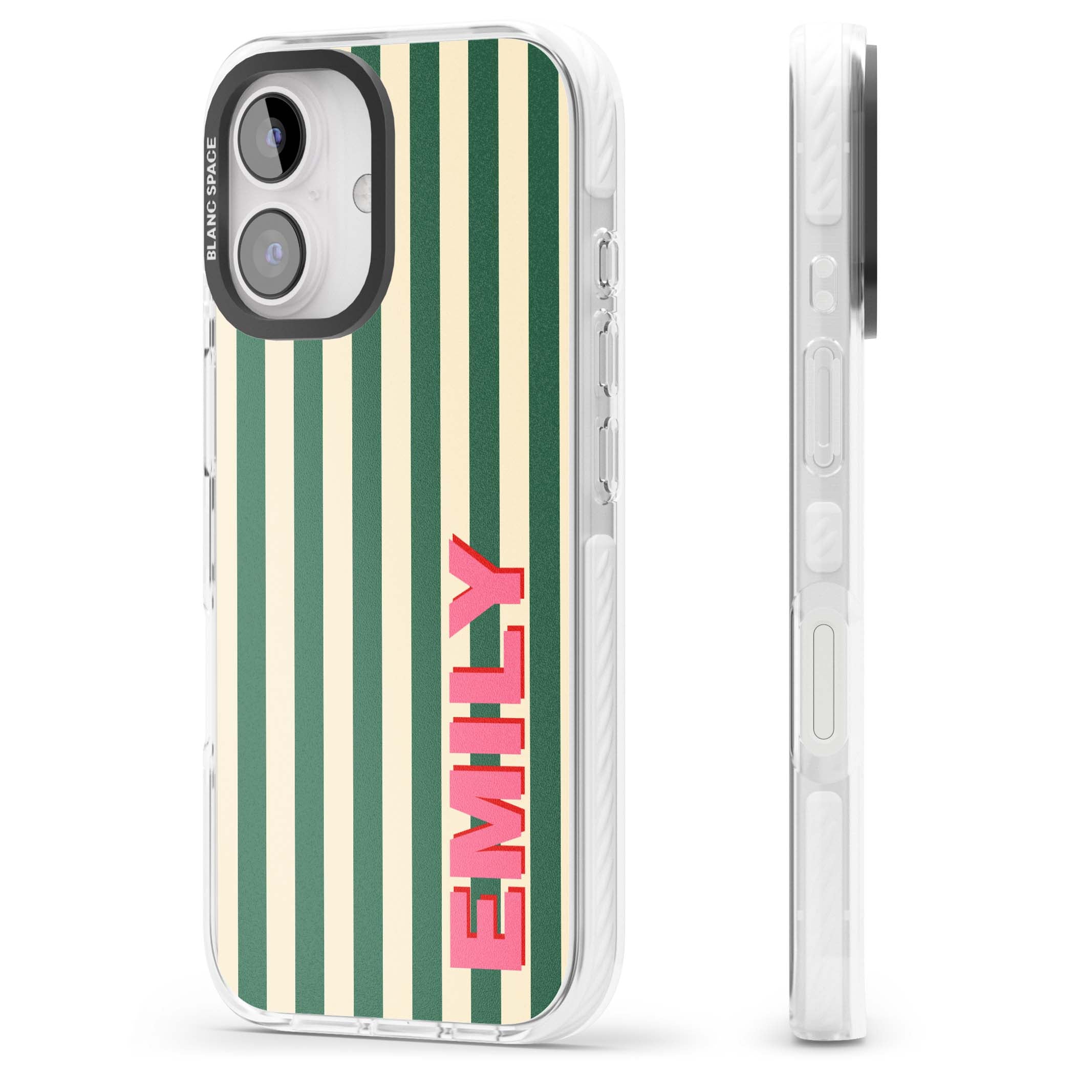Wimbledon Stripe preppy iPhone case featuring green and cream vertical stripes with a personalised pink name | Clear Impact case for iPhone 16, iPhone 16 Plus