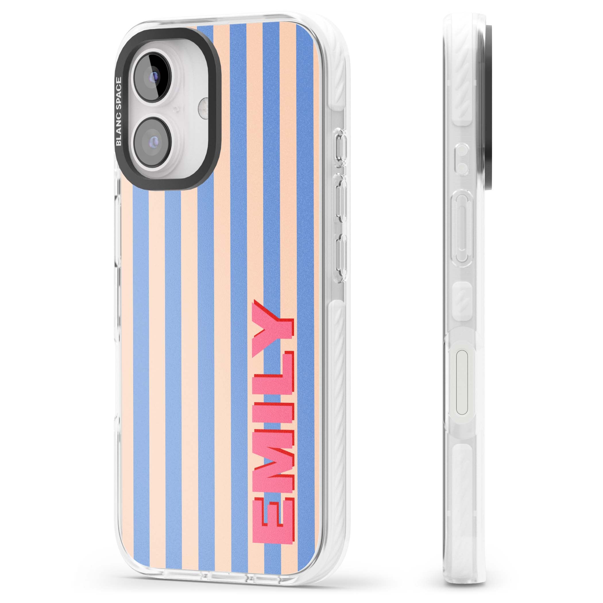 Coastal Stripe personalised coastal iPhone case with blue and peach vertical stripes and custom pink name | Clear Impact case for iPhone 16, iPhone 16 Plus