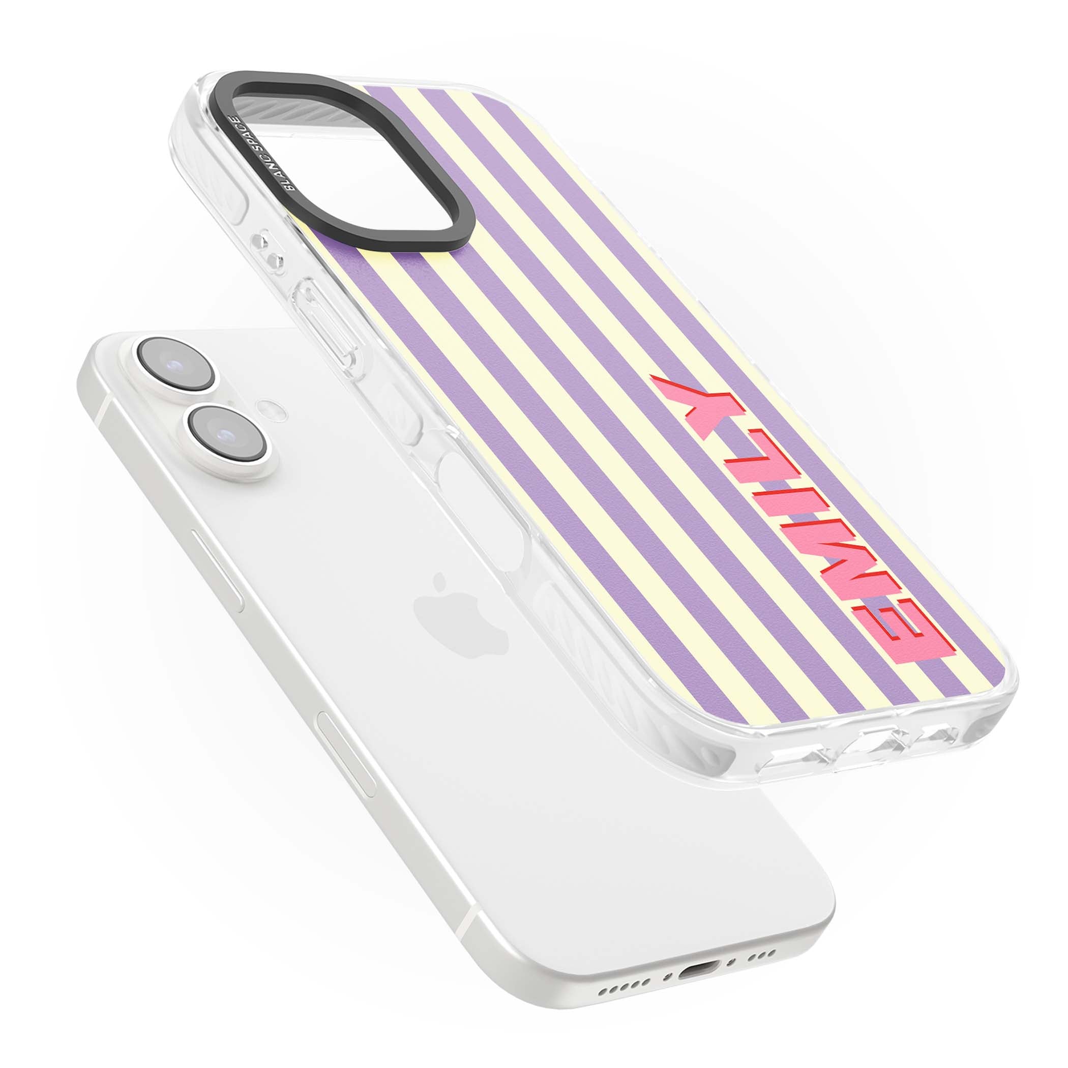 Valensole Stripe personalised iPhone case with purple and cream vertical stripes and pink custom name | Clear Impact case for iPhone 16, iPhone 16 Plus
