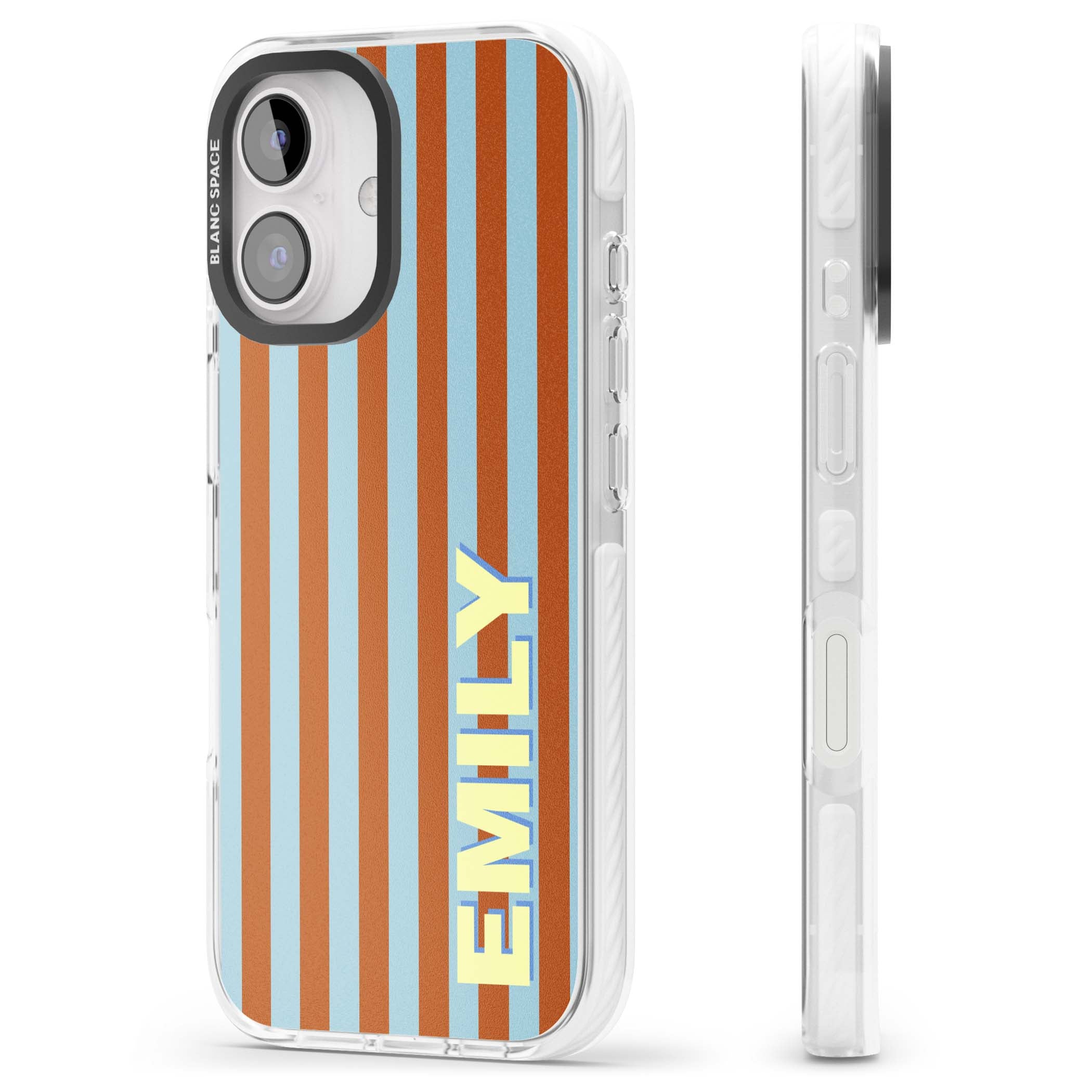 Cappadocia Stripe personalised coastal iPhone case featuring blue and orange vertical stripes with custom cream name | Clear Impact case for iPhone 16, iPhone 16 Plus