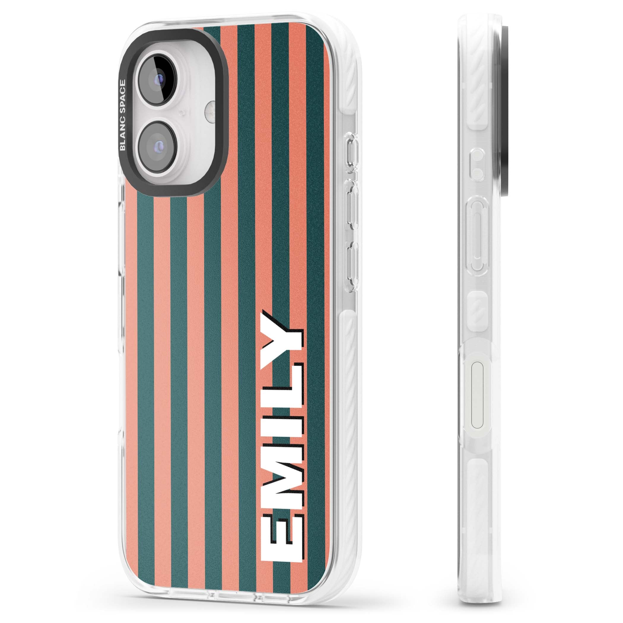 Tuscan Stripe personalised iPhone case featuring coral and green vertical stripes with bold custom name | Clear Impact case for iPhone 16, iPhone 16 Plus