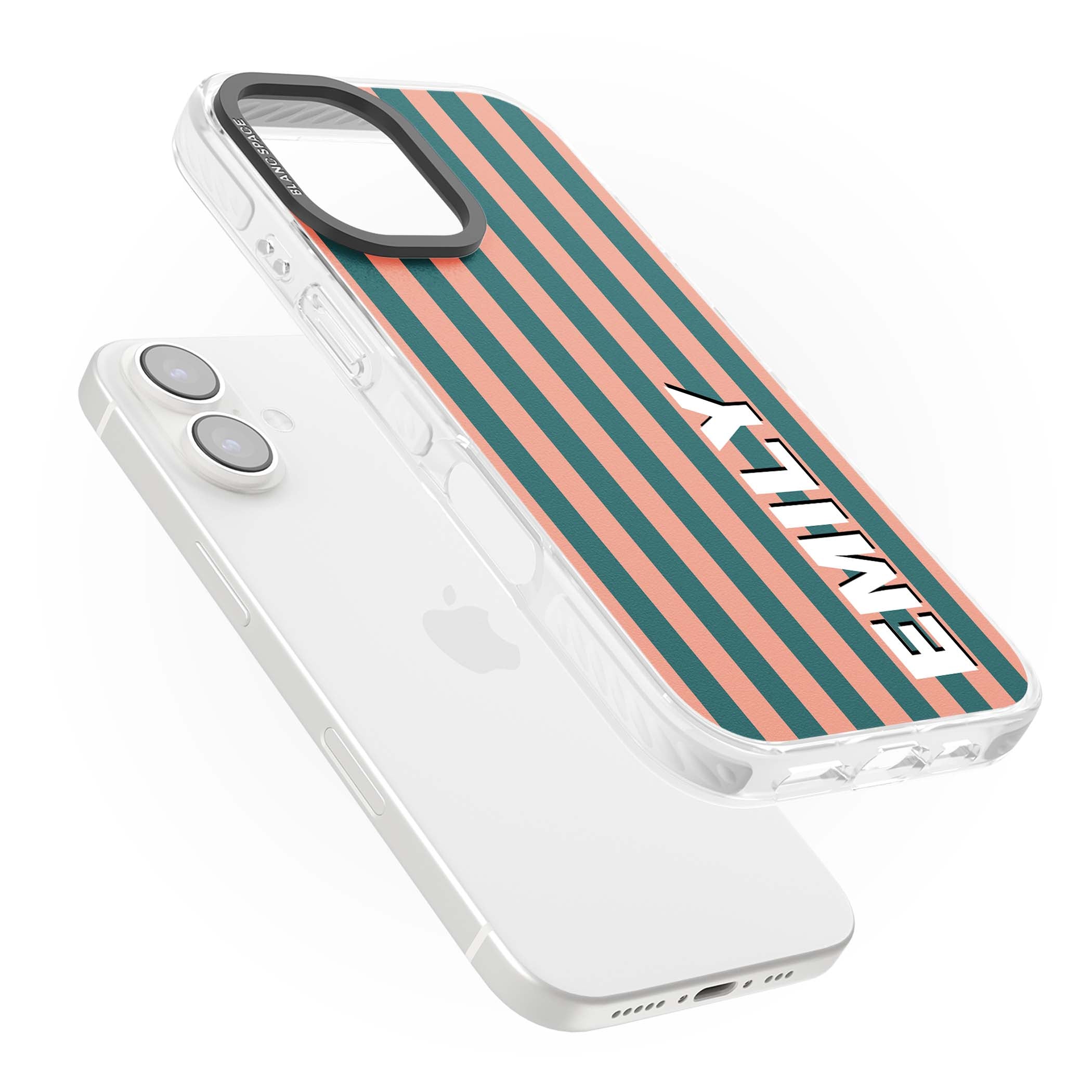Tuscan Stripe personalised iPhone case featuring coral and green vertical stripes with bold custom name | Clear Impact case for iPhone 16, iPhone 16 Plus
