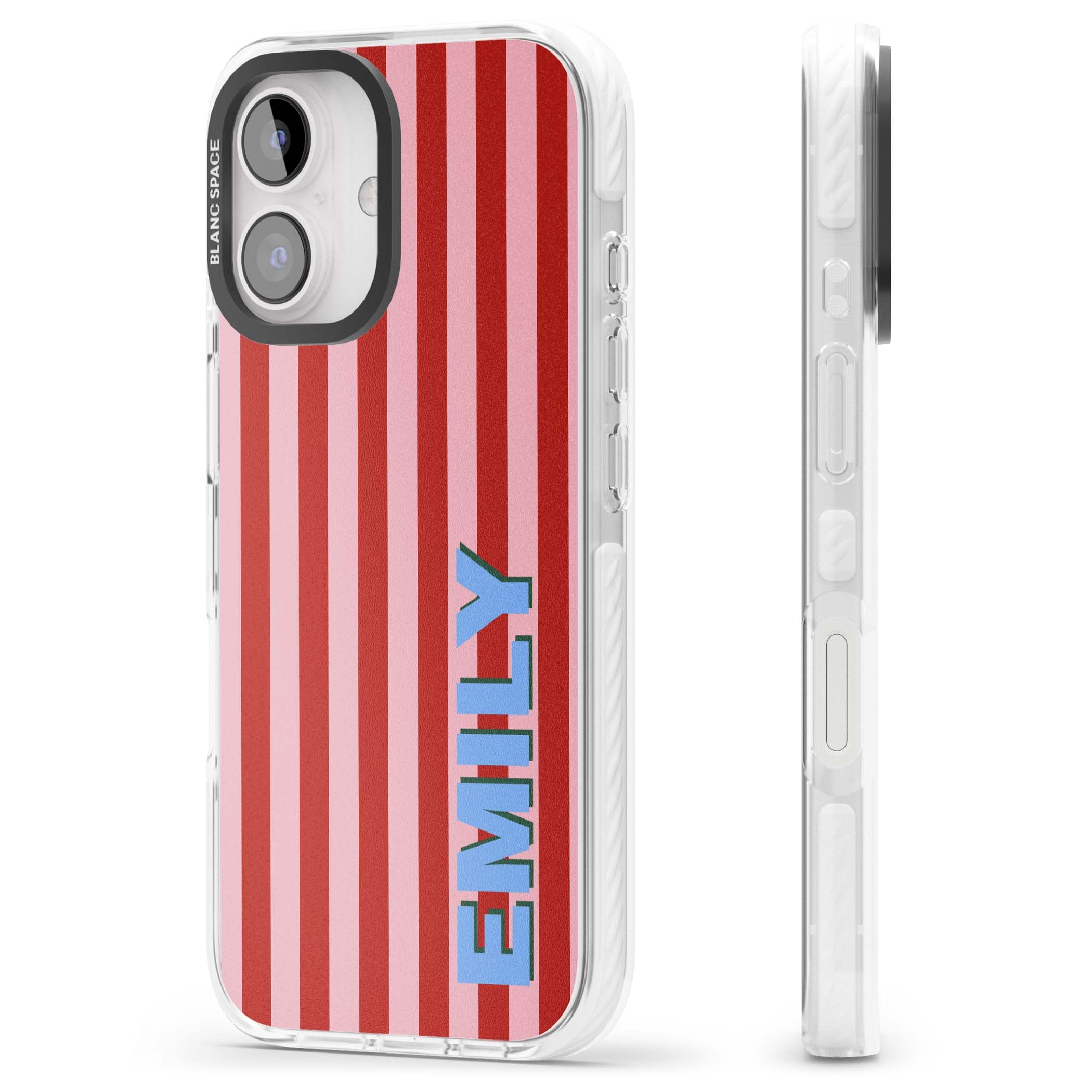 Market Stripe personalised iPhone case with red and pink vertical stripes and custom blue name | Clear Impact case for iPhone 16, iPhone 16 Plus