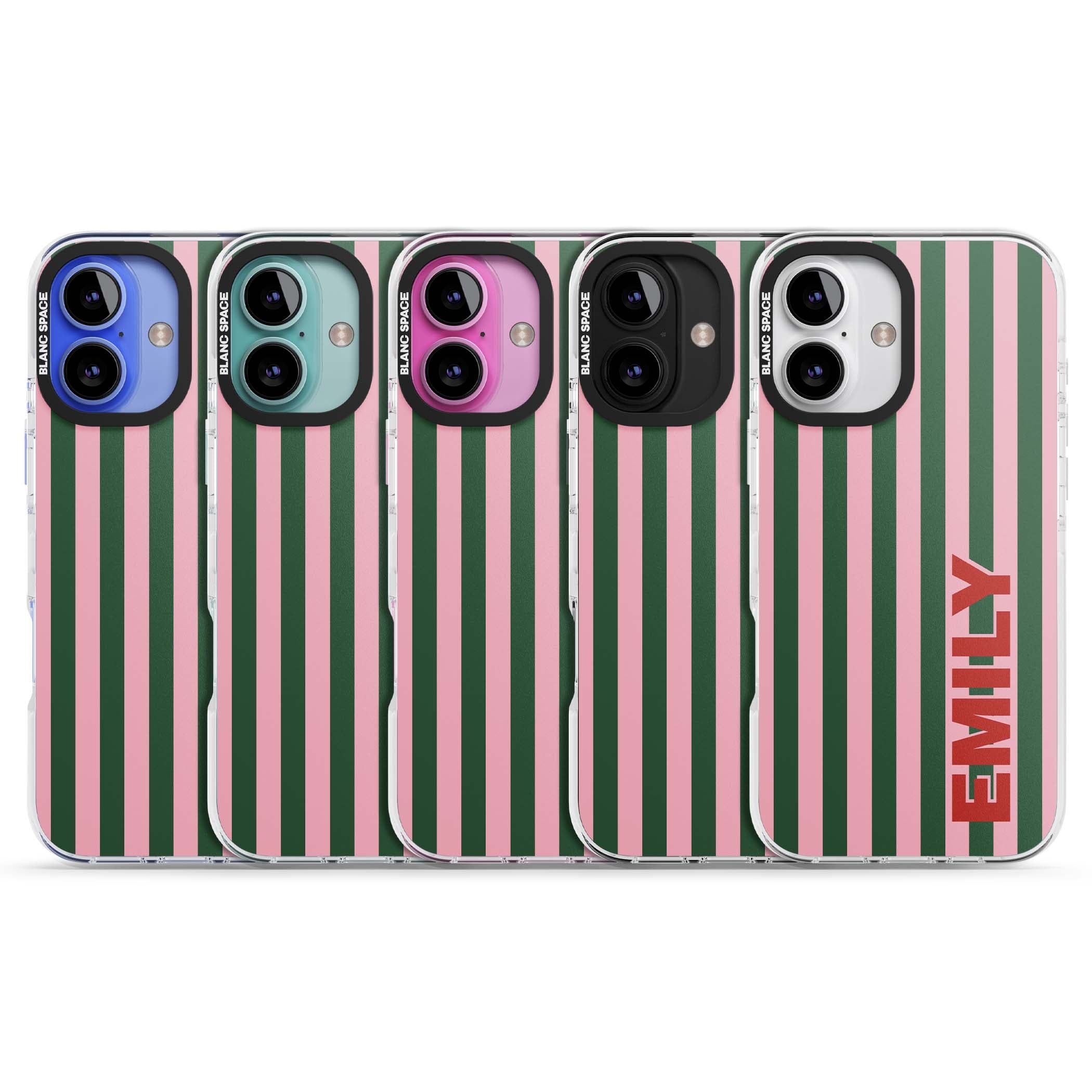 Italian Stripe preppy iPhone case featuring pink and green vertical stripes with personalised red name | Clear Impact case for iPhone 16, iPhone 16 Plus