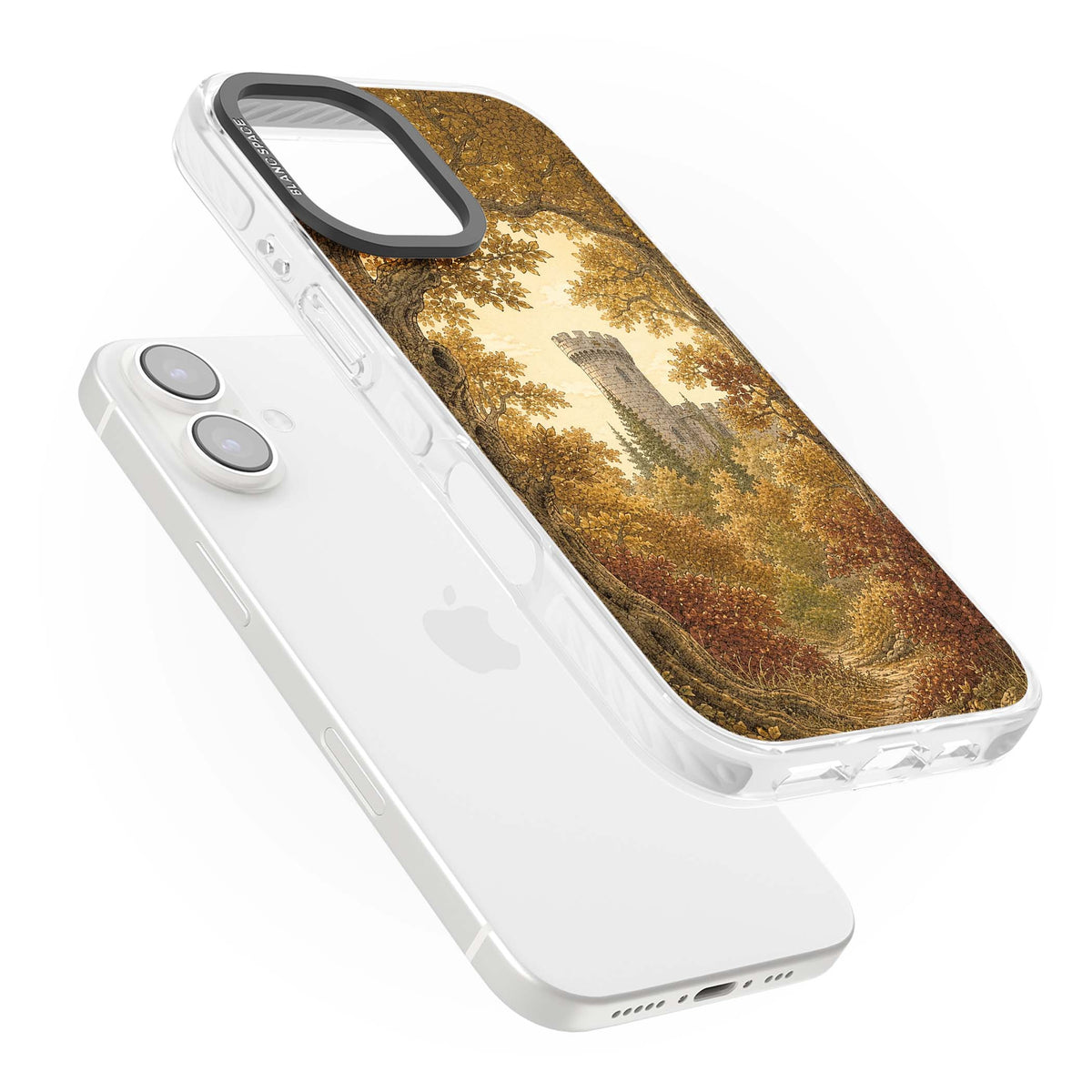 Autumn Keep cottagecore iPhone case featuring a medieval castle tower framed by golden autumn trees and woodland foliage | Clear Impact case for iPhone 16, iPhone 16 Plus
