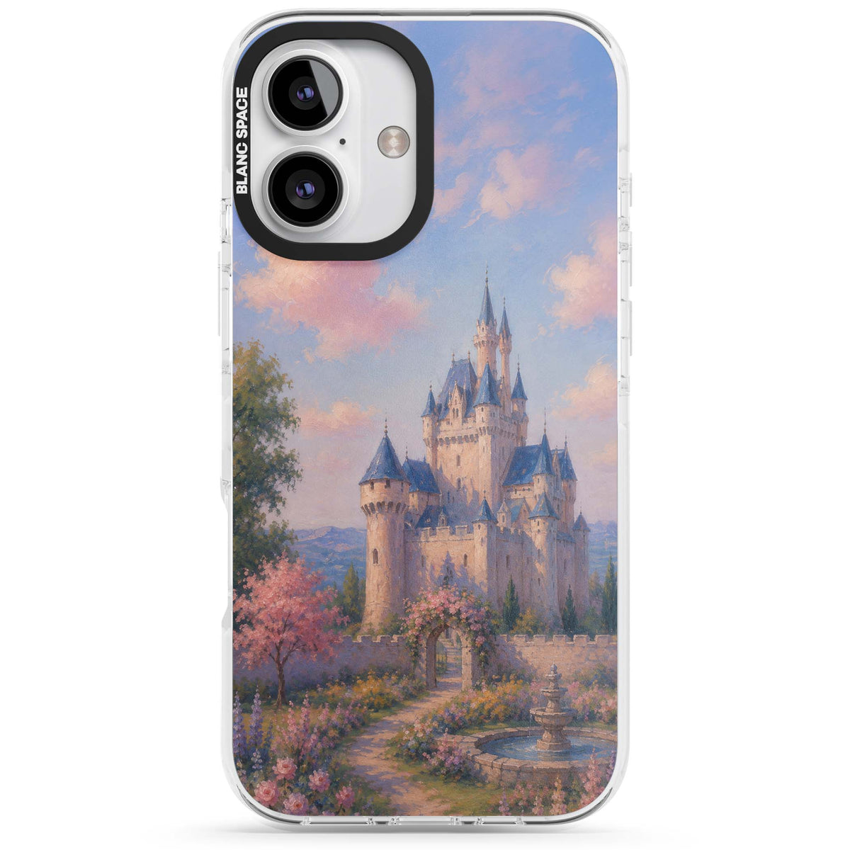 Enchanted Kingdom fairytale iPhone case featuring a romantic castle painting with cherry blossoms and pastel pink sky | Clear Impact case for iPhone 16, iPhone 16 Plus