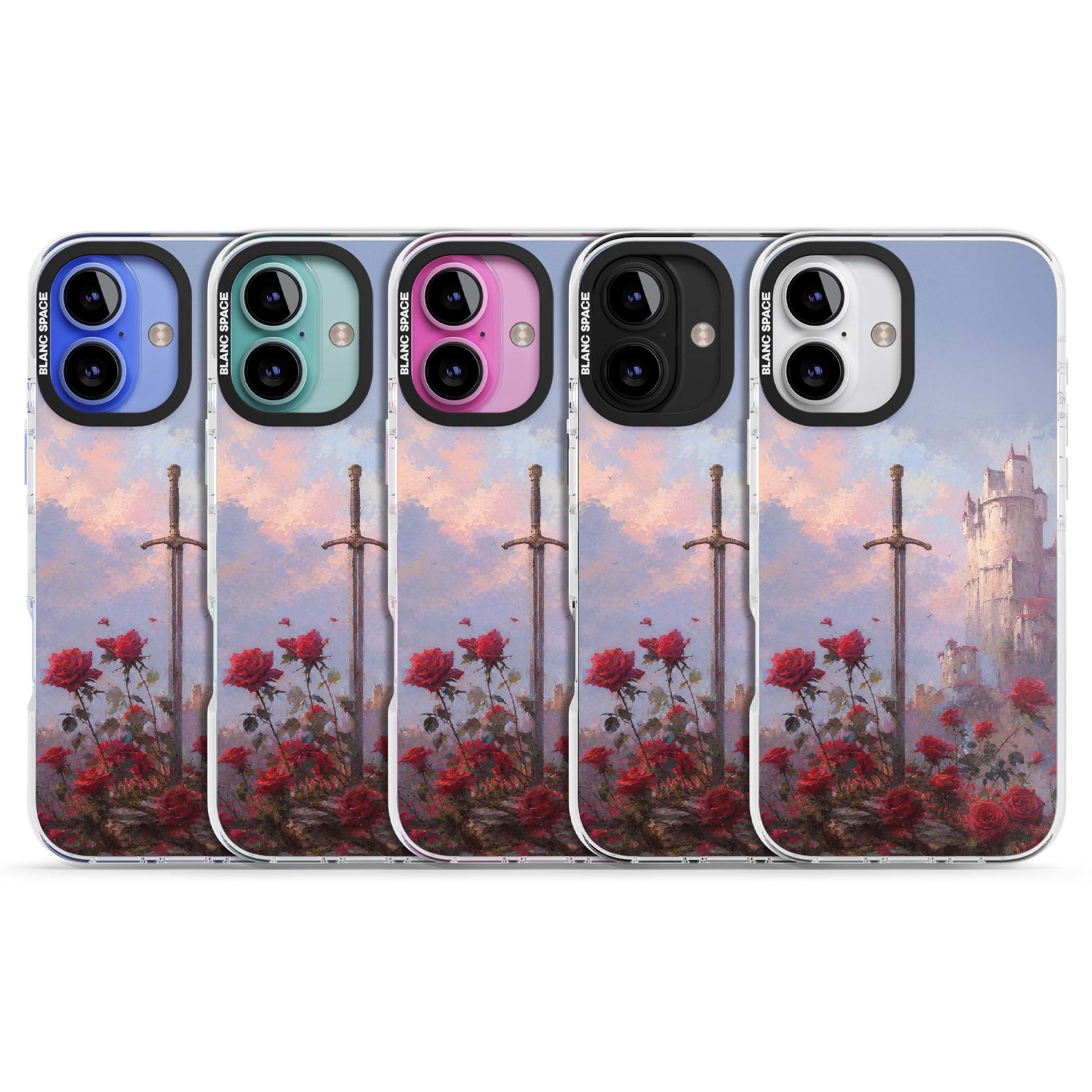 Sword in Roses medieval art iPhone case featuring a sword, red roses, and a misty fairytale castle at sunset | Clear Impact case for iPhone 16, iPhone 16 Plus