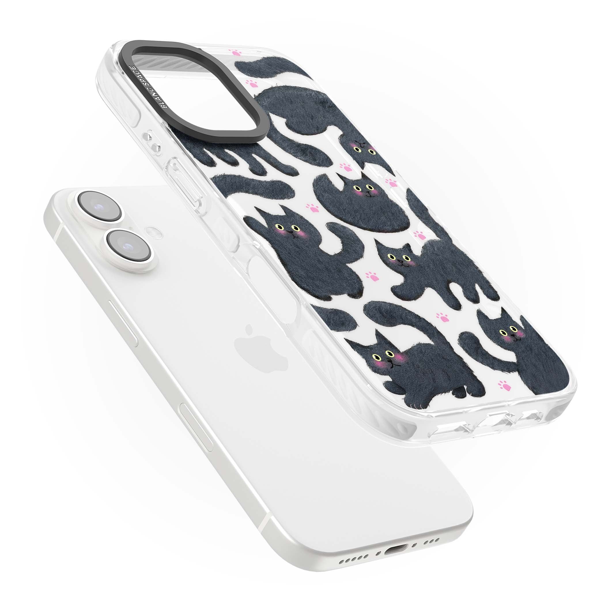 Midnight Cats cute iPhone case featuring black cat pattern with yellow eyes and pink paw prints | Clear Impact case for iPhone 16, iPhone 16 Plus