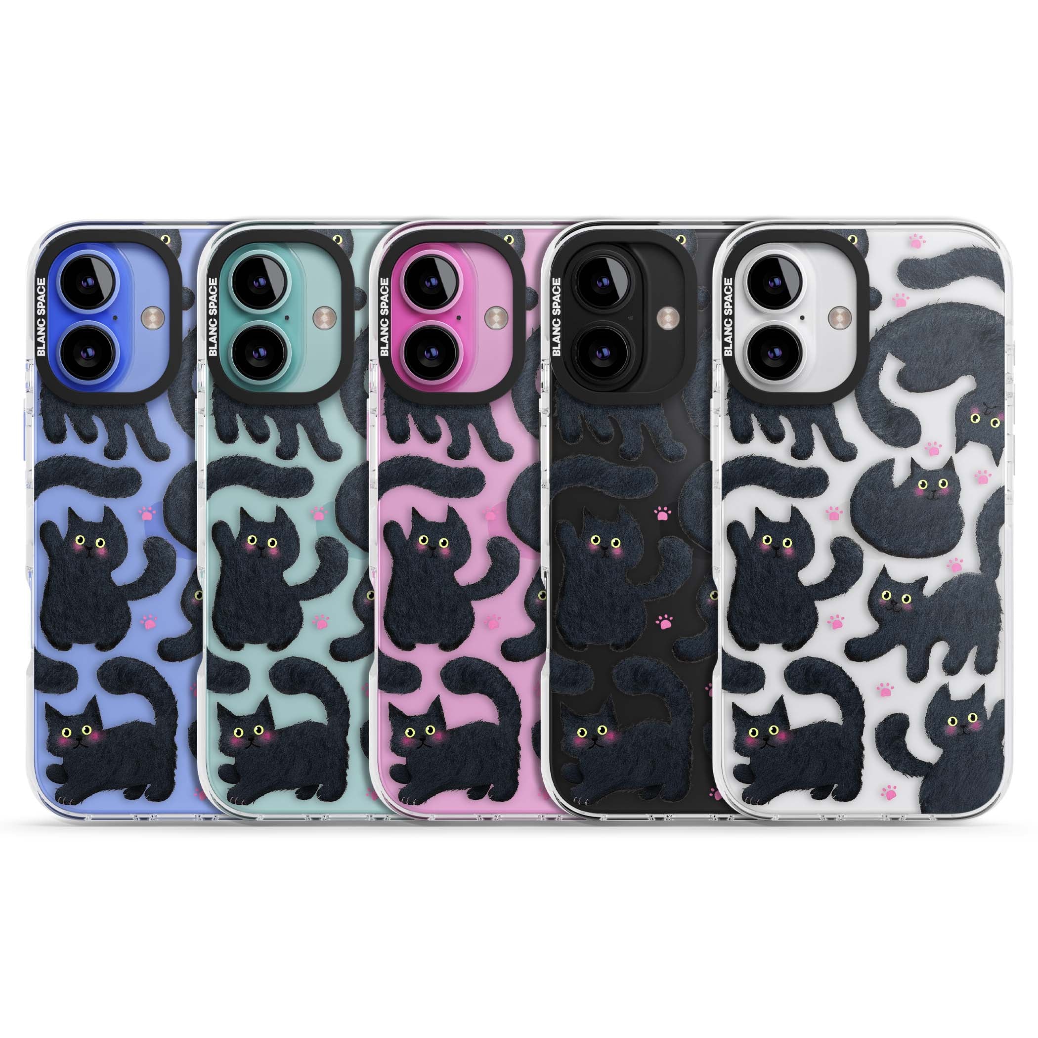 Midnight Cats cute iPhone case featuring black cat pattern with yellow eyes and pink paw prints | Clear Impact case for iPhone 16, iPhone 16 Plus