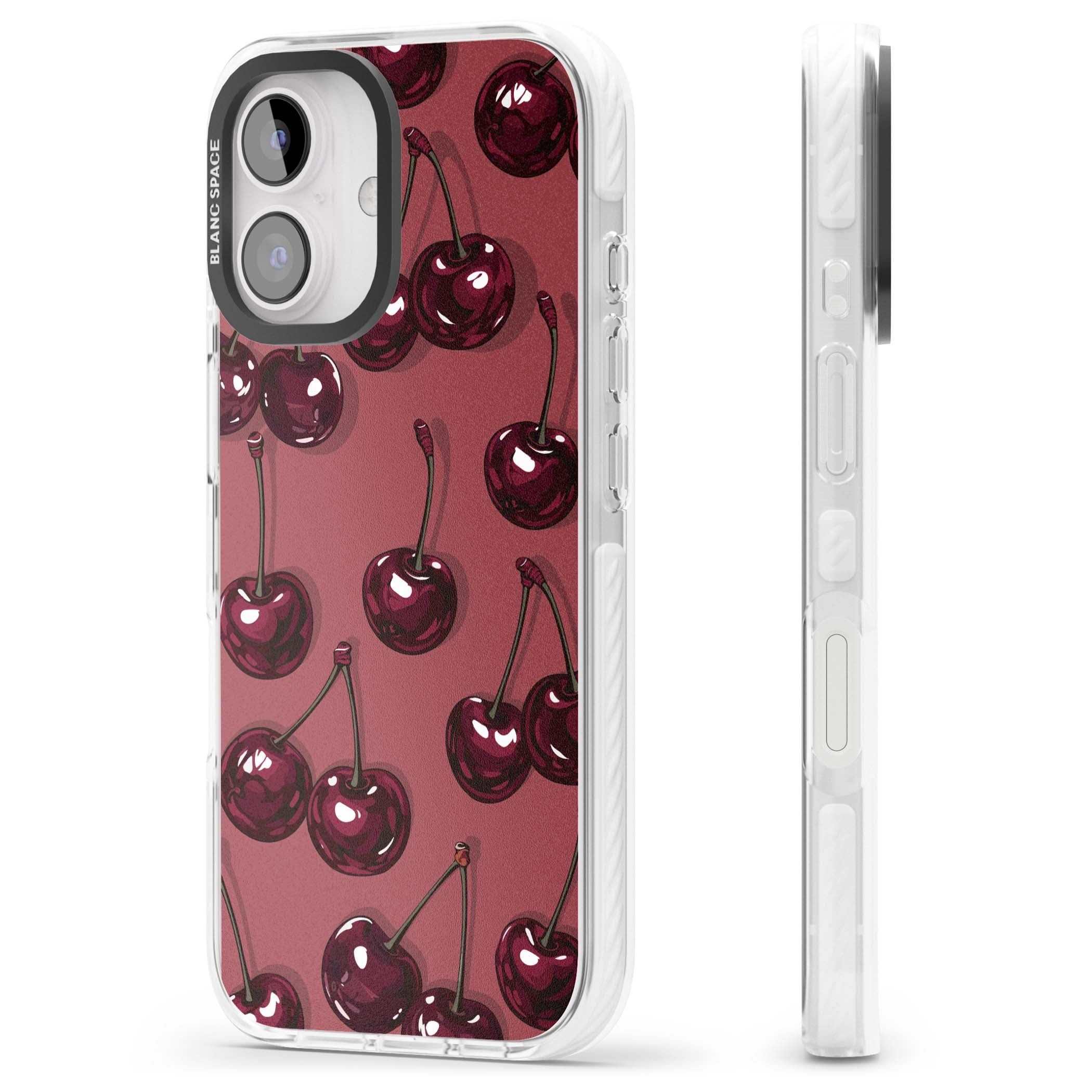 Cherry Rebel coquette iPhone case featuring glossy burgundy cherries on a dusty rose background | Clear Impact case for iPhone 16, iPhone 16 Plus