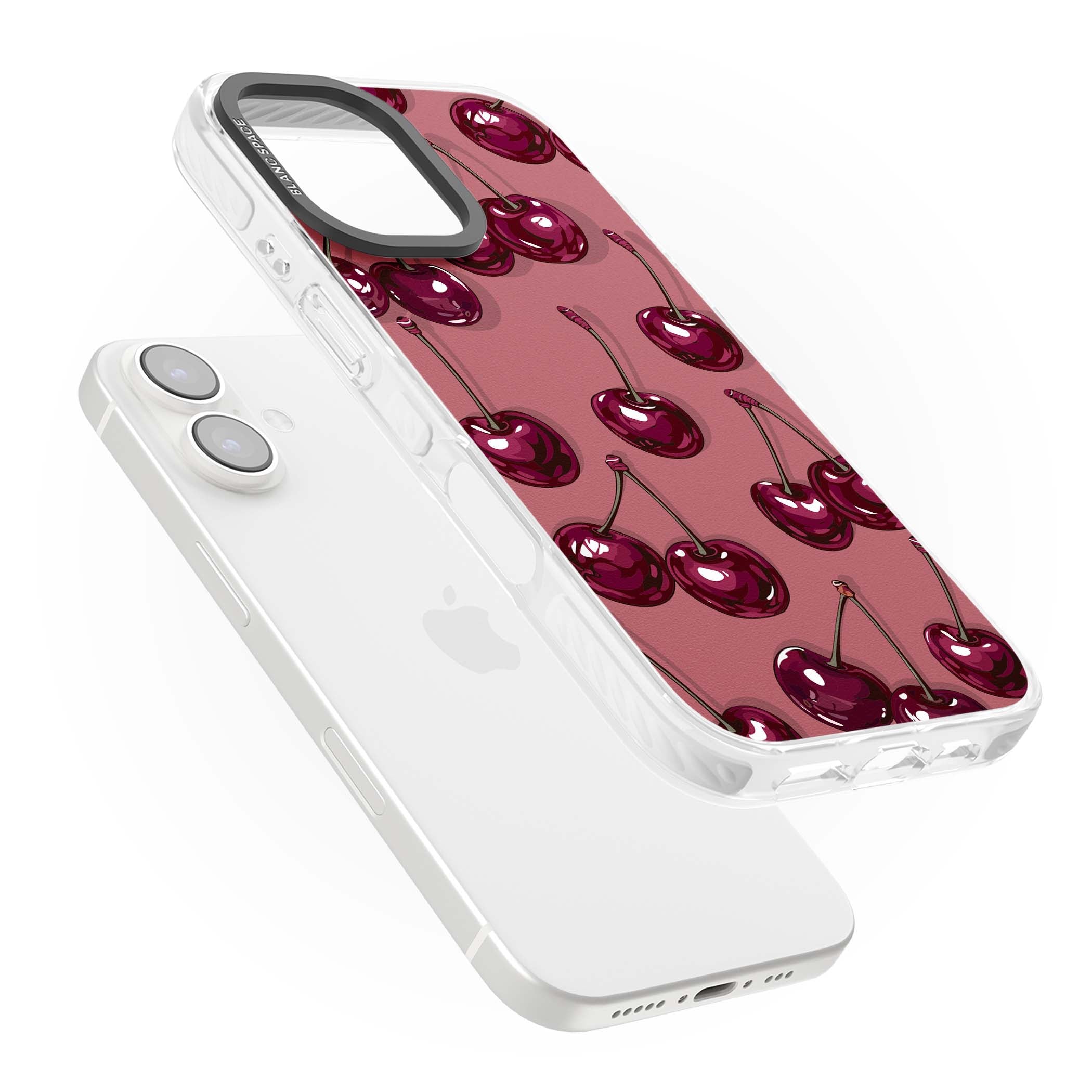 Cherry Rebel coquette iPhone case featuring glossy burgundy cherries on a dusty rose background | Clear Impact case for iPhone 16, iPhone 16 Plus