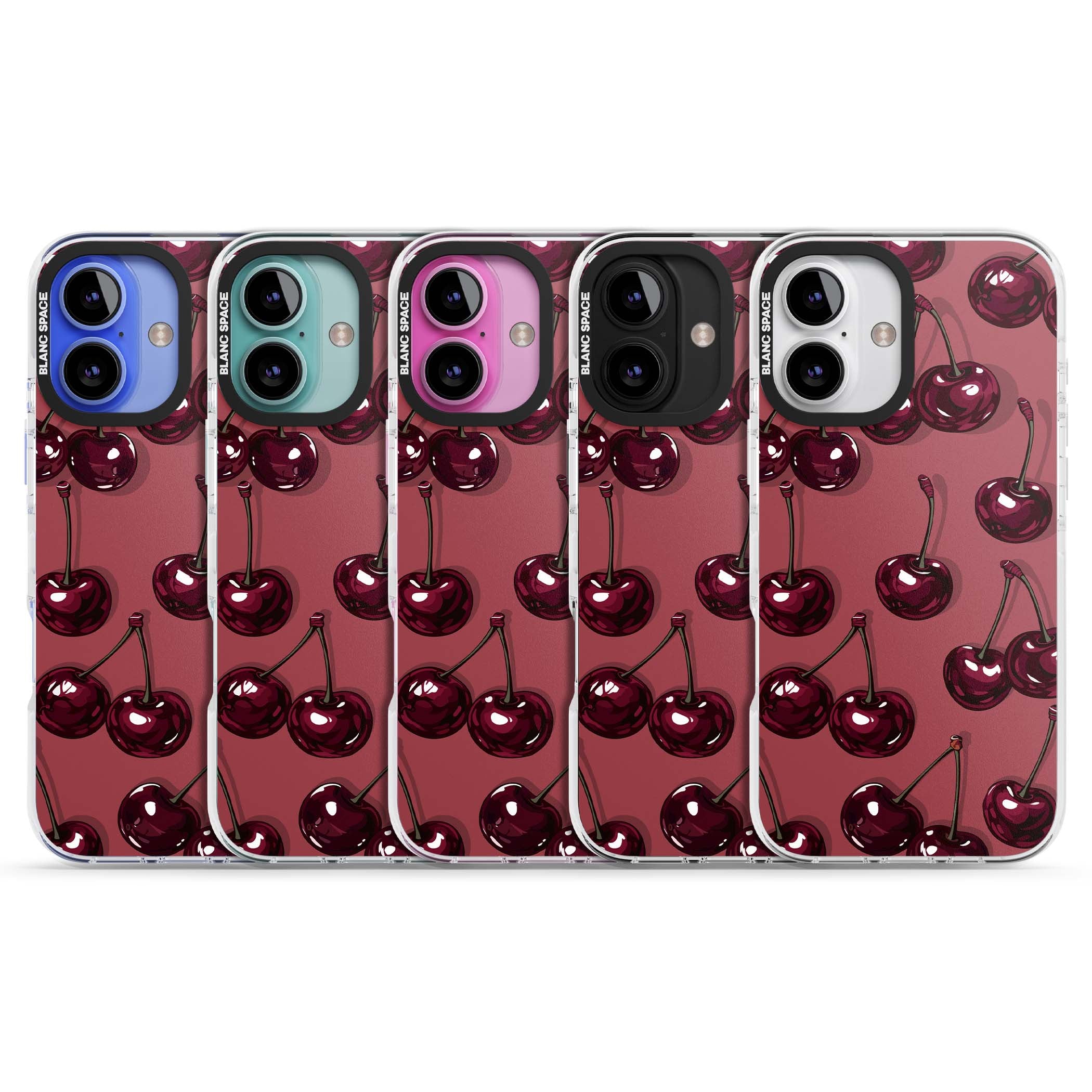 Cherry Rebel coquette iPhone case featuring glossy burgundy cherries on a dusty rose background | Clear Impact case for iPhone 16, iPhone 16 Plus