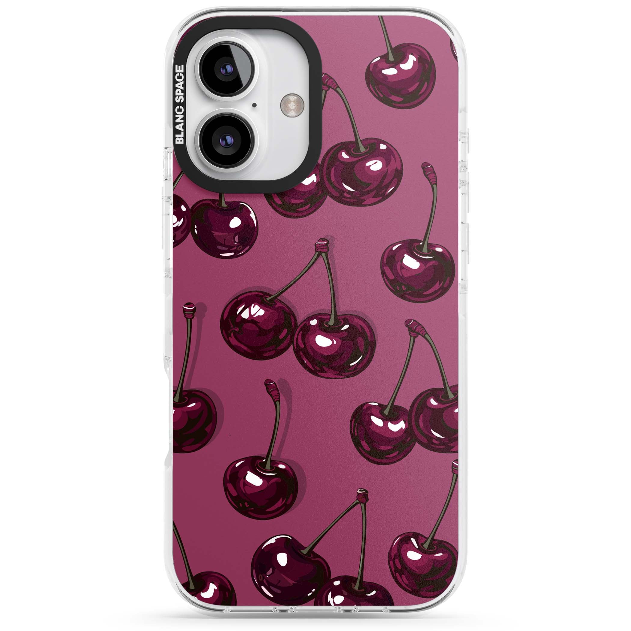 Cherry Soda coquette iPhone case featuring glossy burgundy cherries on a dusty pink background | Clear Impact case for iPhone 16, iPhone 16 Plus