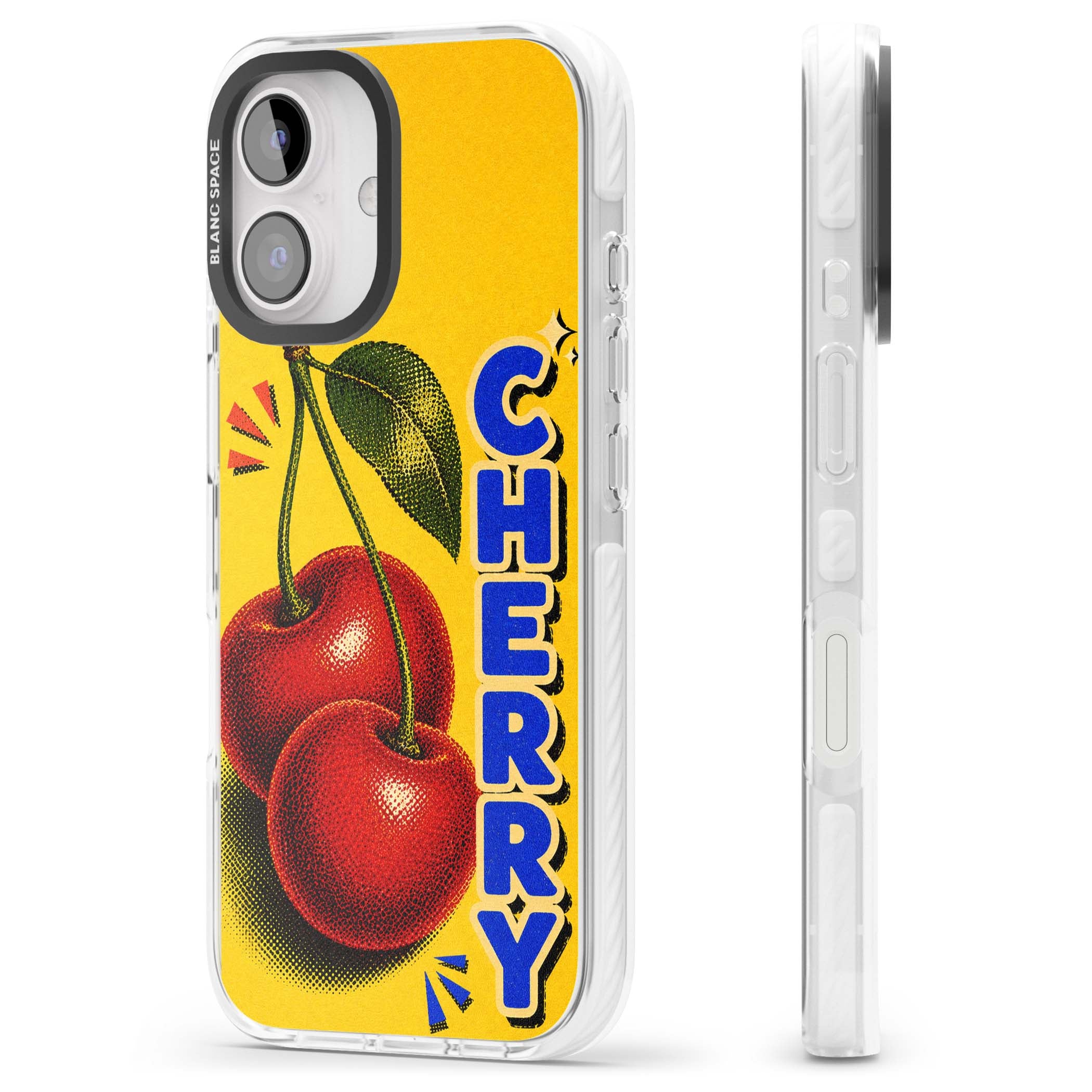 Cherry Yellow y2k iPhone case featuring two red cherries, halftone shading and bold blue CHERRY lettering on yellow | Clear Impact case for iPhone 16, iPhone 16 Plus