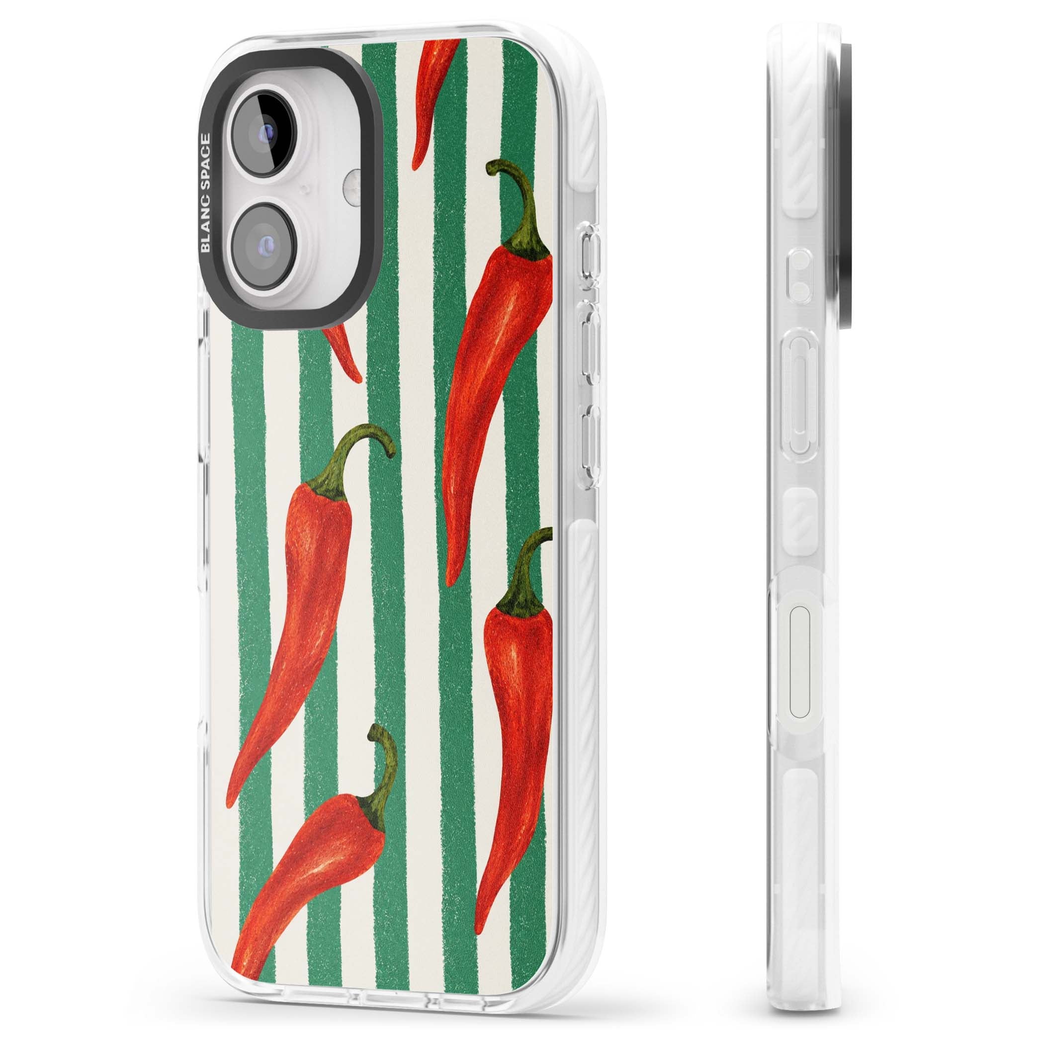 Striped Chillis coastal iPhone case featuring hand-painted red chili peppers on green and cream stripes | Clear Impact case for iPhone 16, iPhone 16 Plus