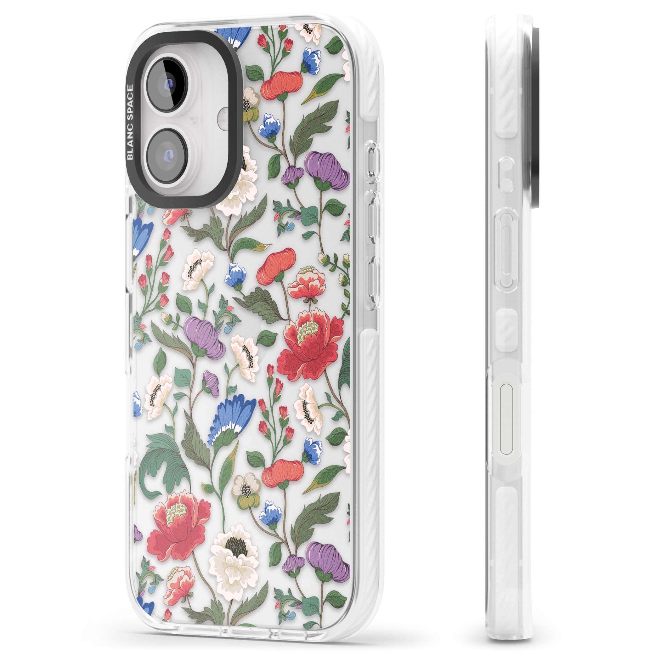Chinoiserie Bloom vintage floral iPhone case featuring hand-painted peonies, poppies and trailing wildflowers on clear... | Clear Impact case for iPhone 16, iPhone 16 Plus