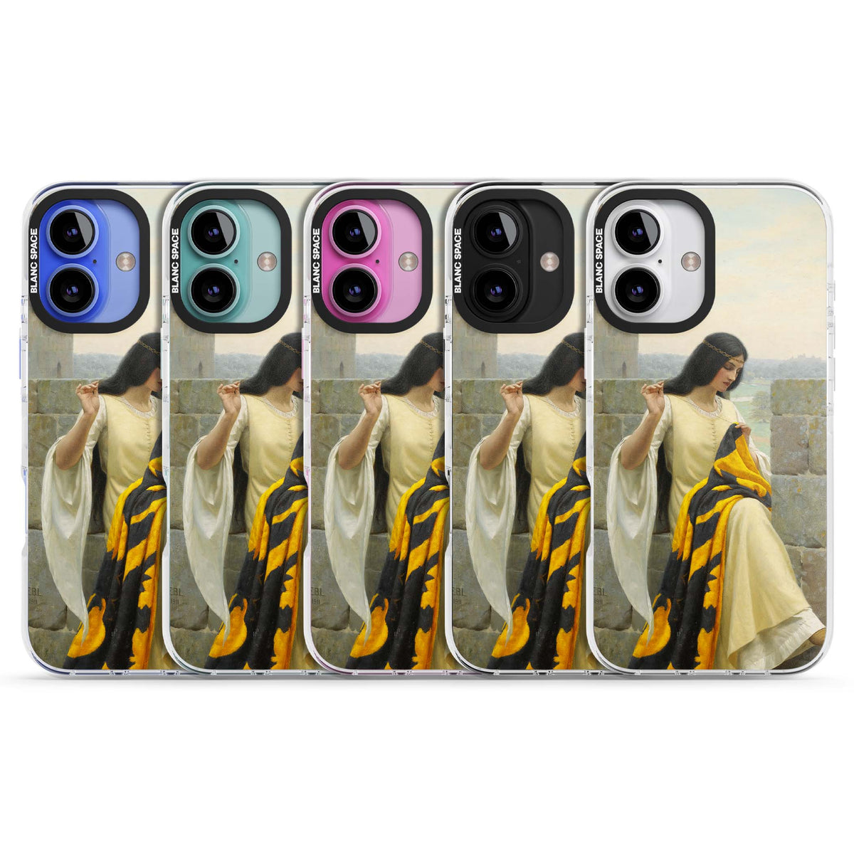Stitching the Standard renaissance art iPhone case featuring a medieval lady sewing a golden banner on a castle wall | Clear Impact case for iPhone 16, iPhone 16 Plus
