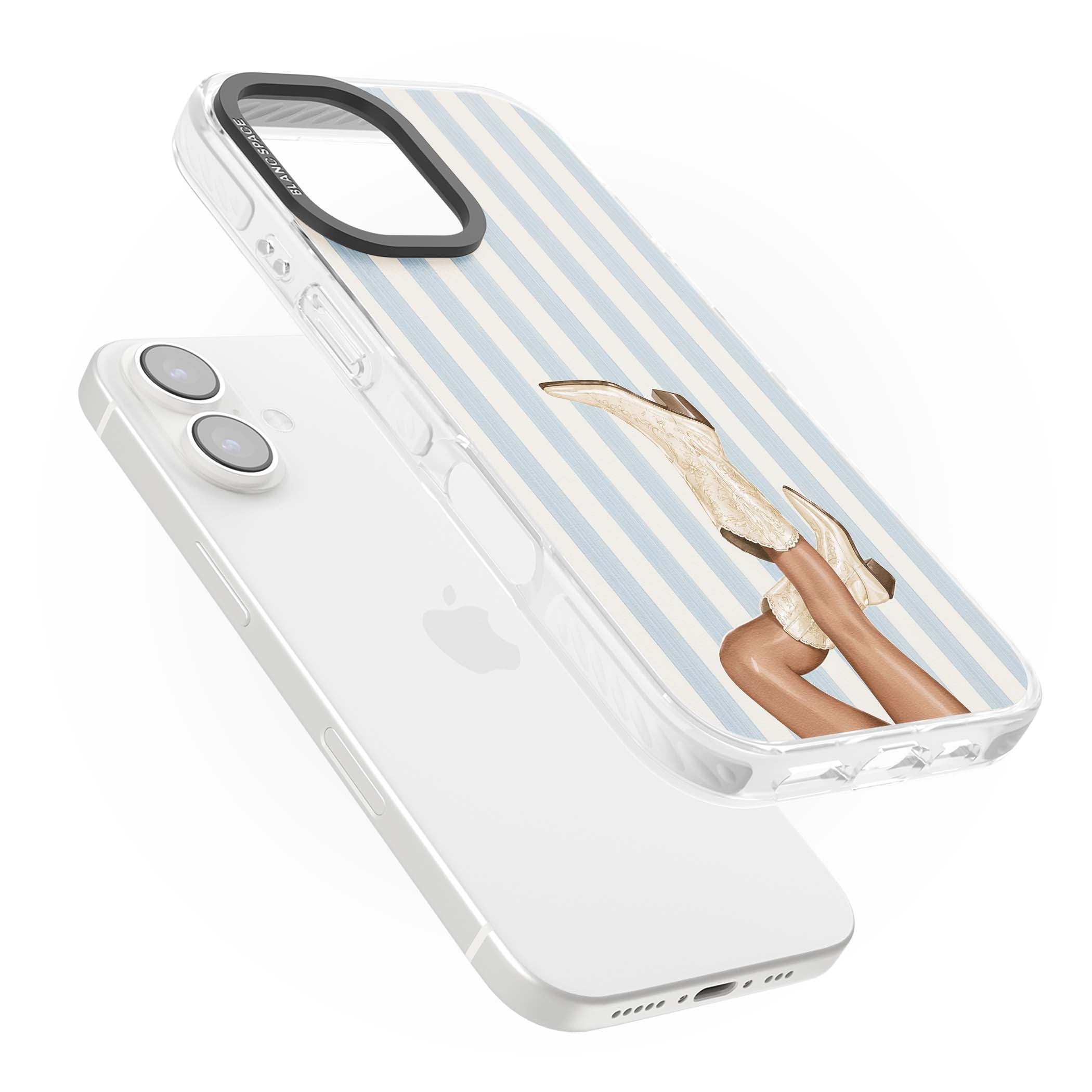 Cowgirl Boots coastal cowgirl iPhone case featuring embroidered western boots, tanned legs and a blue stripe backdrop | Clear Impact case for iPhone 16, iPhone 16 Plus