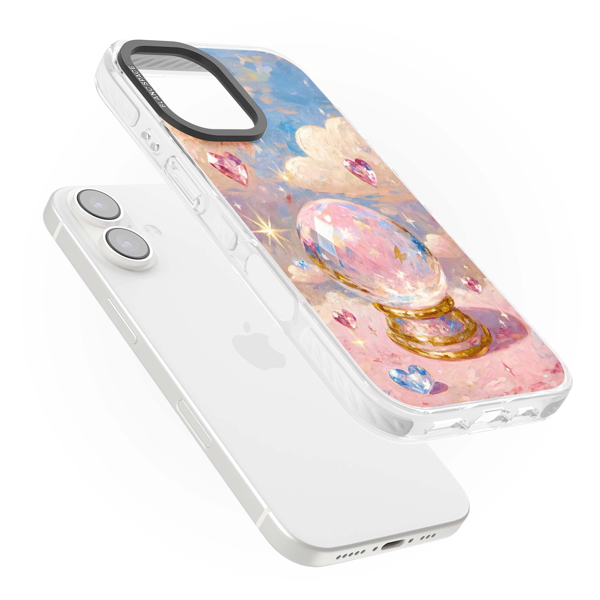 Crystal Ball fairycore iPhone case featuring a painted crystal ball, heart gemstones, and pastel clouds | Clear Impact case for iPhone 16, iPhone 16 Plus