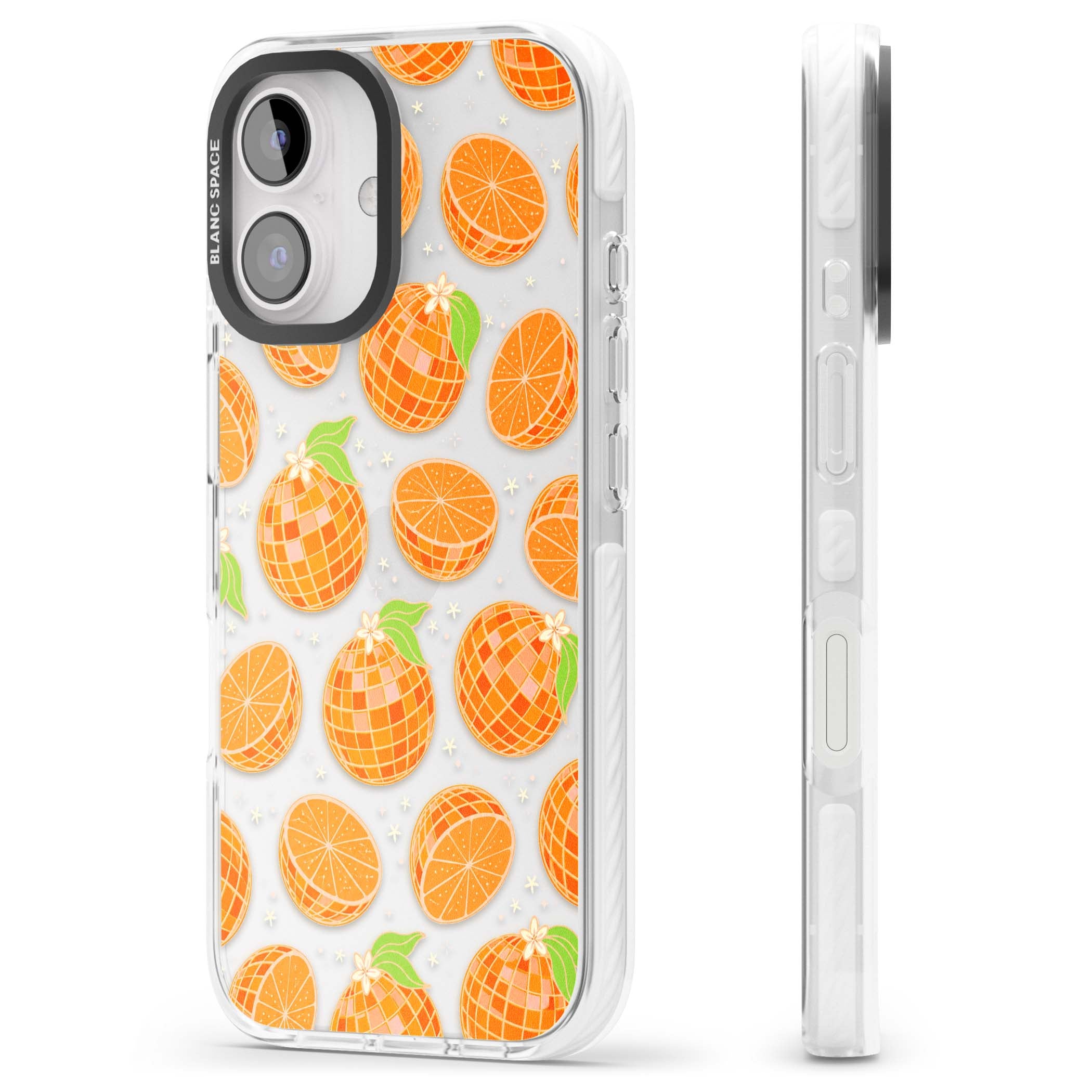 Disco Oranges retro iPhone case featuring mirrorball oranges, citrus slices and tiny blossoms on clear | Clear Impact case for iPhone 16, iPhone 16 Plus