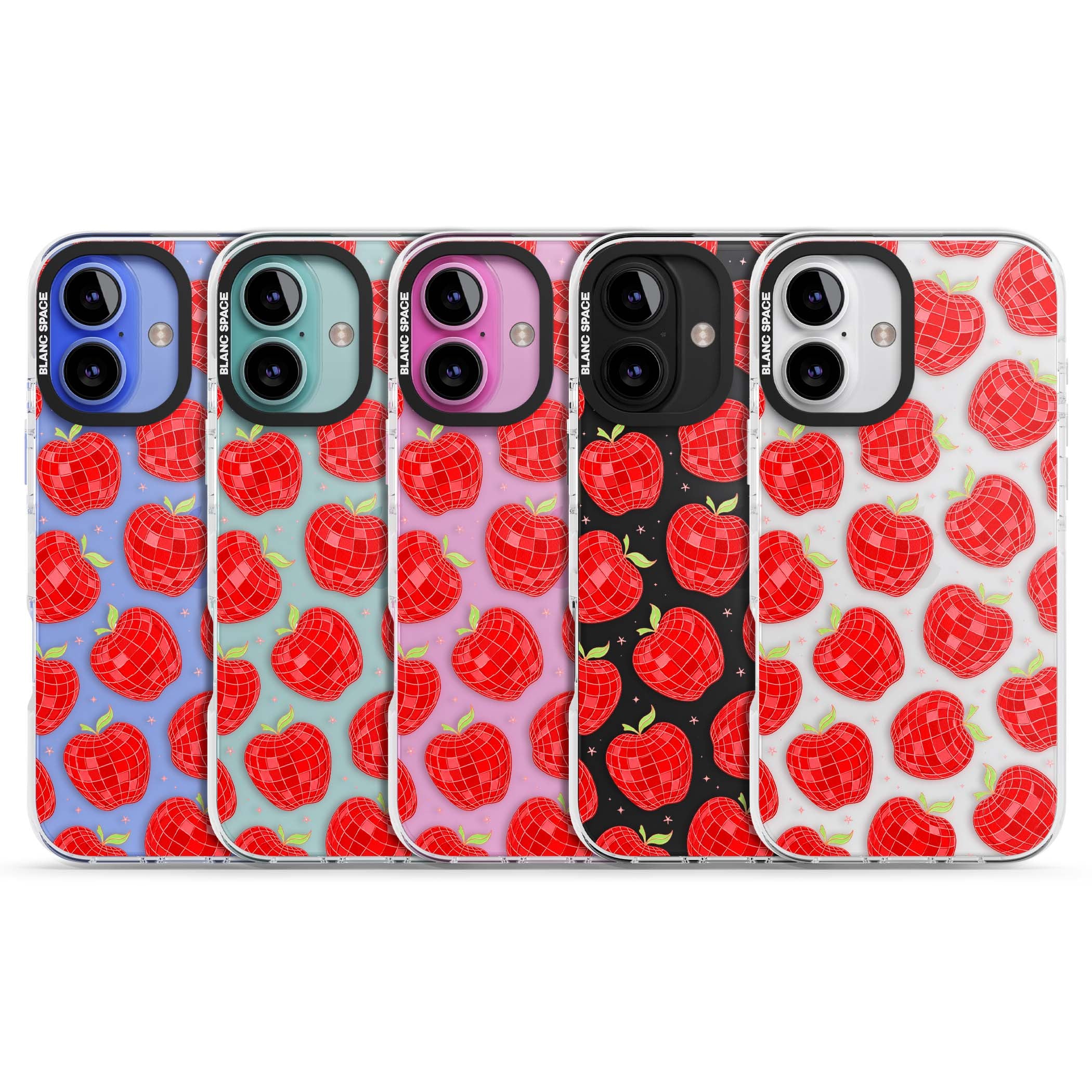 Disco Apples Y2K iPhone case featuring red disco ball apples, green leaves and pink sparkles on clear | Clear Impact case for iPhone 16, iPhone 16 Plus
