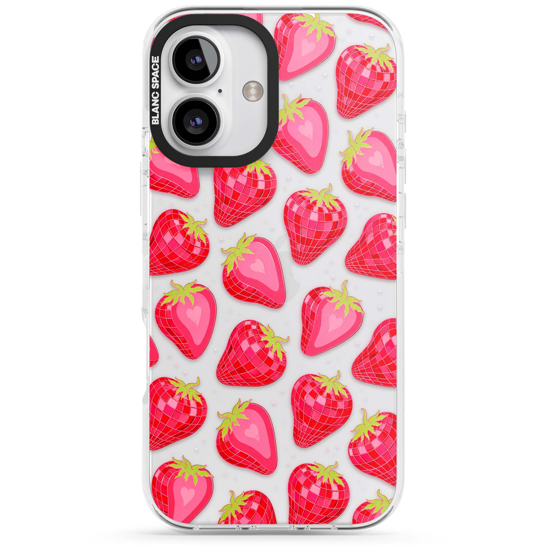 Disco Strawberry Y2K iPhone case featuring pink disco-ball strawberries, green leaves and tiny sparkles | Clear Impact case for iPhone 16, iPhone 16 Plus