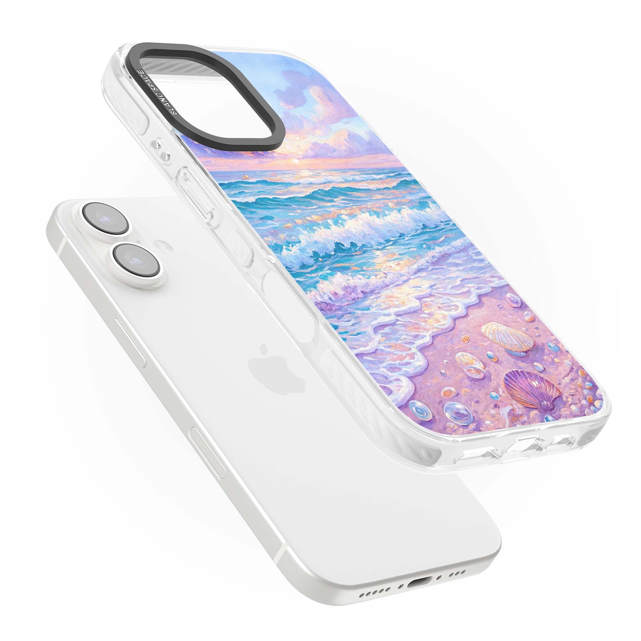 Pearl Shore coastal iPhone case featuring pastel painted waves, seashells, and a sunrise sky over a lavender beach. | Clear Impact case for iPhone 16, iPhone 16 Plus