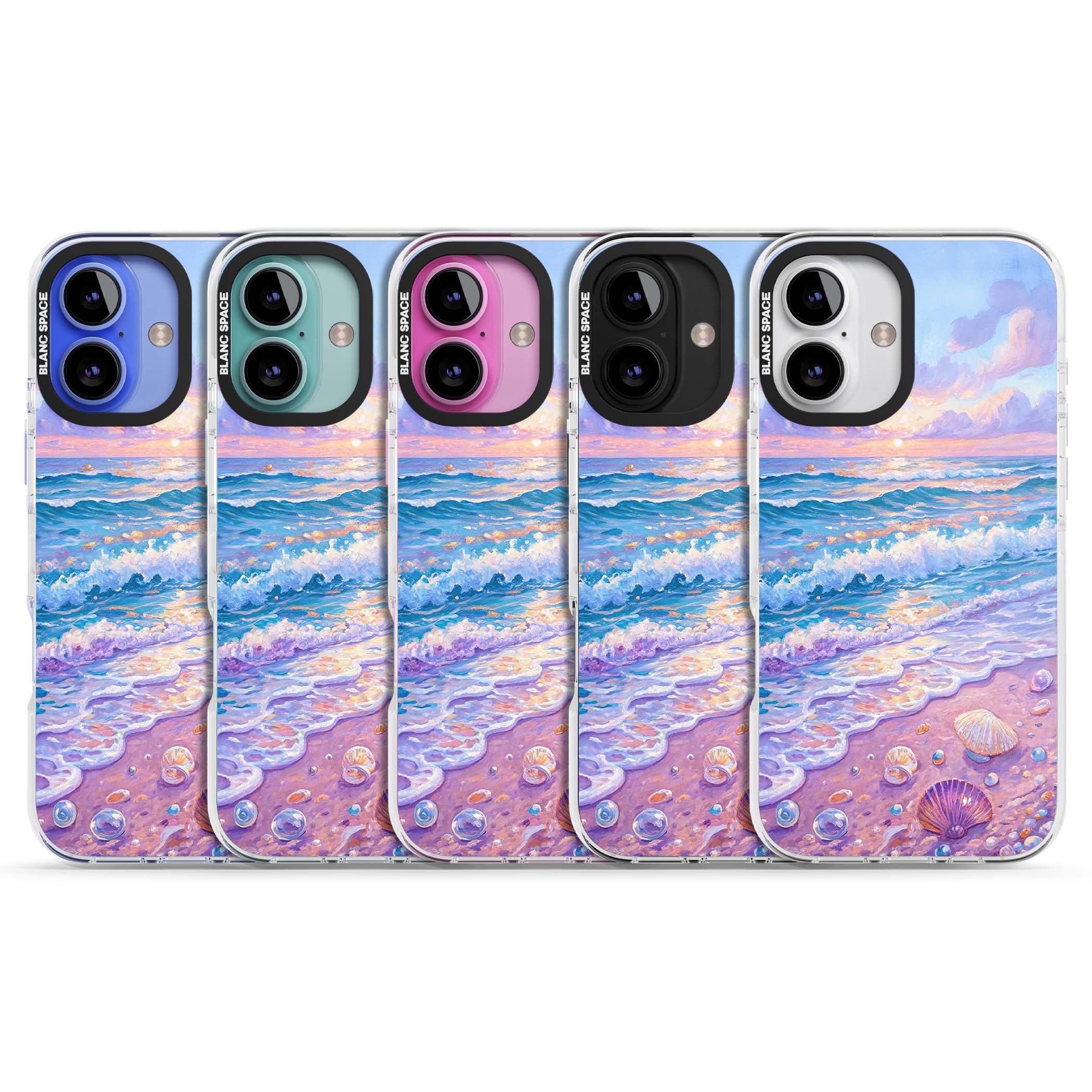 Pearl Shore coastal iPhone case featuring pastel painted waves, seashells, and a sunrise sky over a lavender beach. | Clear Impact case for iPhone 16, iPhone 16 Plus