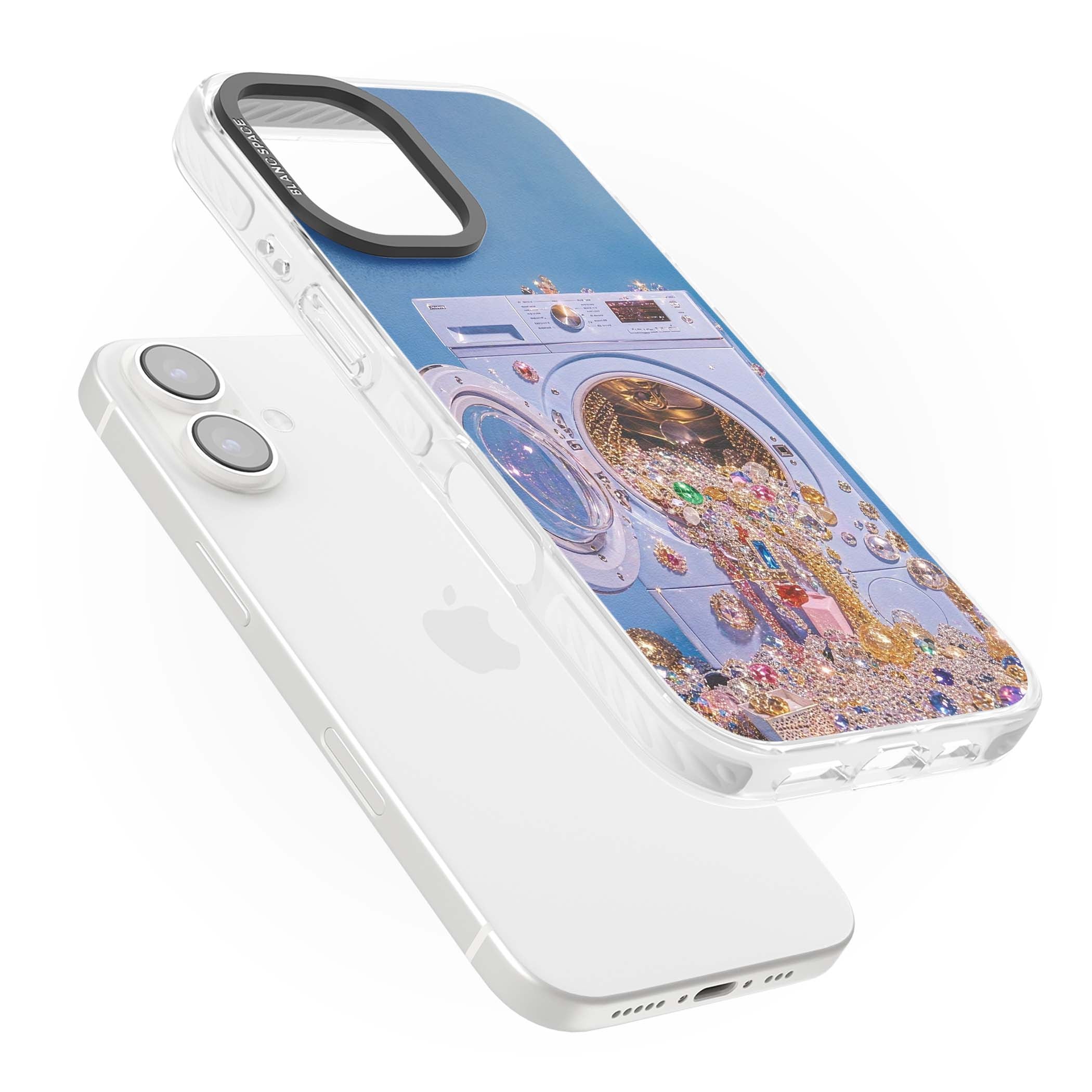 Gem Laundry baddie iPhone case featuring a surreal washing machine overflowing with colourful gemstones and crystals | Clear Impact case for iPhone 16, iPhone 16 Plus