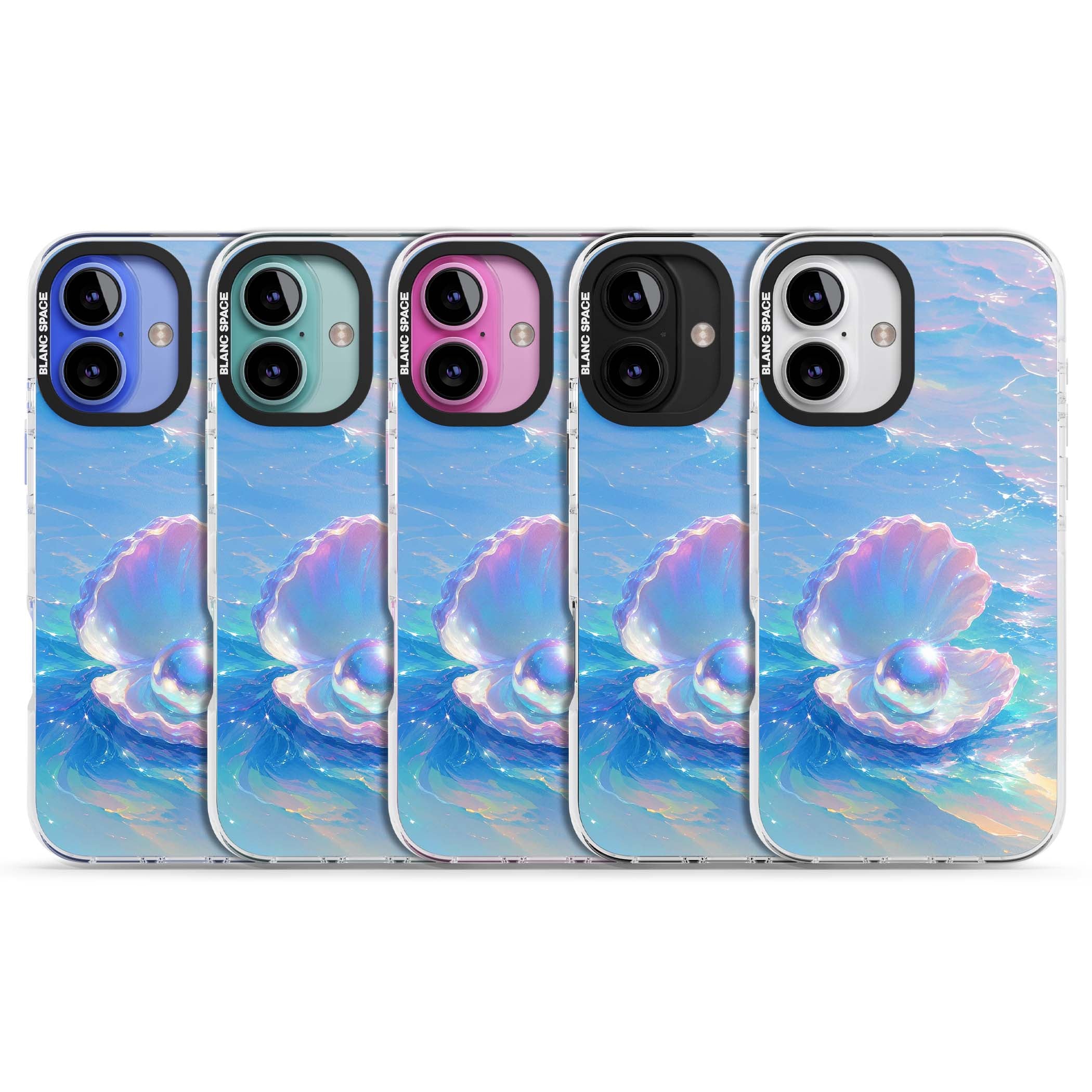 The Pearl Clam mermaidcore iPhone case featuring iridescent seashell, glowing pearl and pastel ocean waves | Clear Impact case for iPhone 16, iPhone 16 Plus